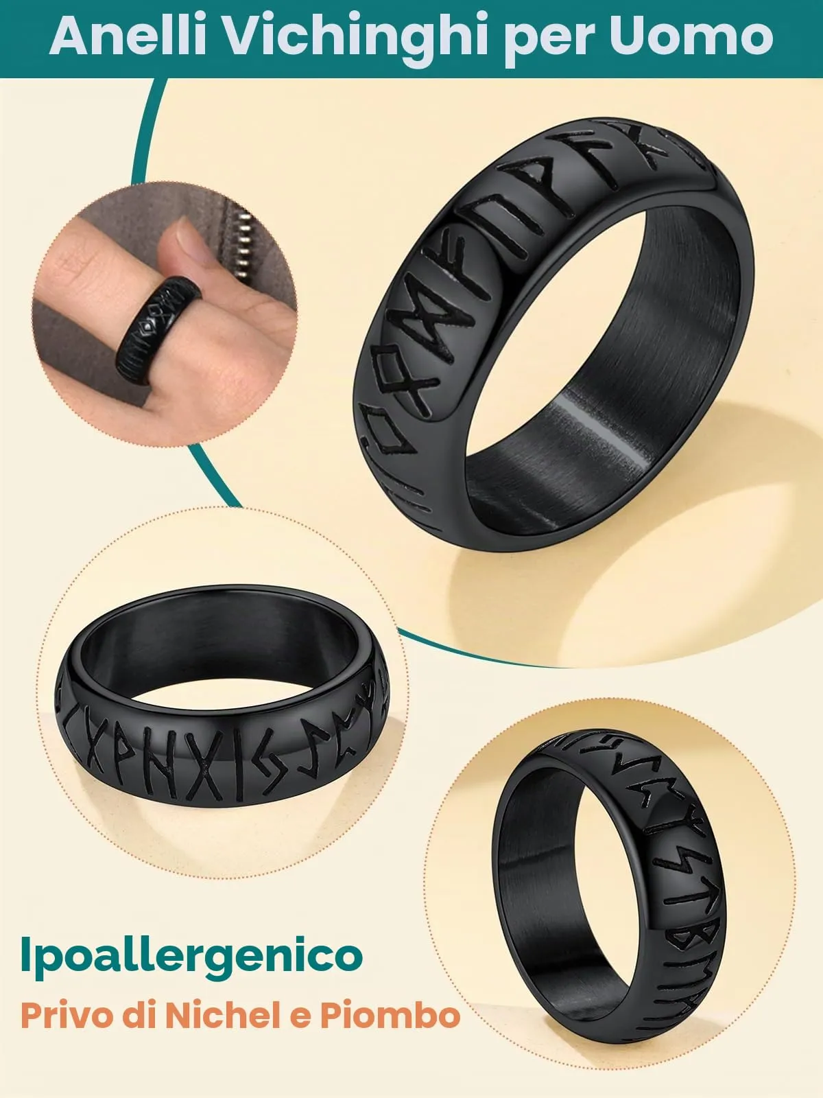 Supcare Anello Antistress Uomo in Acciaio Inossidabile, Anello Vichingo Nero, Misura 14,5 Circonferenza 54.4 mm - immagine 3