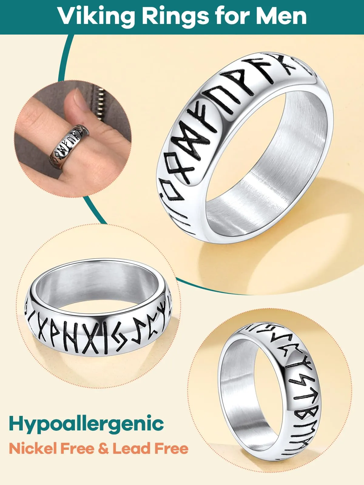 Supcare Anello Antistress Uomo in Acciaio Inossidabile, Argento, Stile Vichingo, Misura 19,75 Circonferenza 59.5 mm - immagine 3