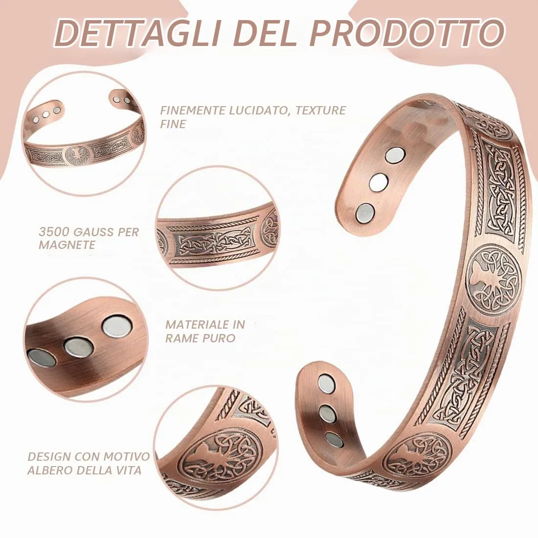 JAWUZ Braccialetto Magnetico in Rame Massiccio Regolabile Albero della Vita per Uomo e Donna - immagine 3
