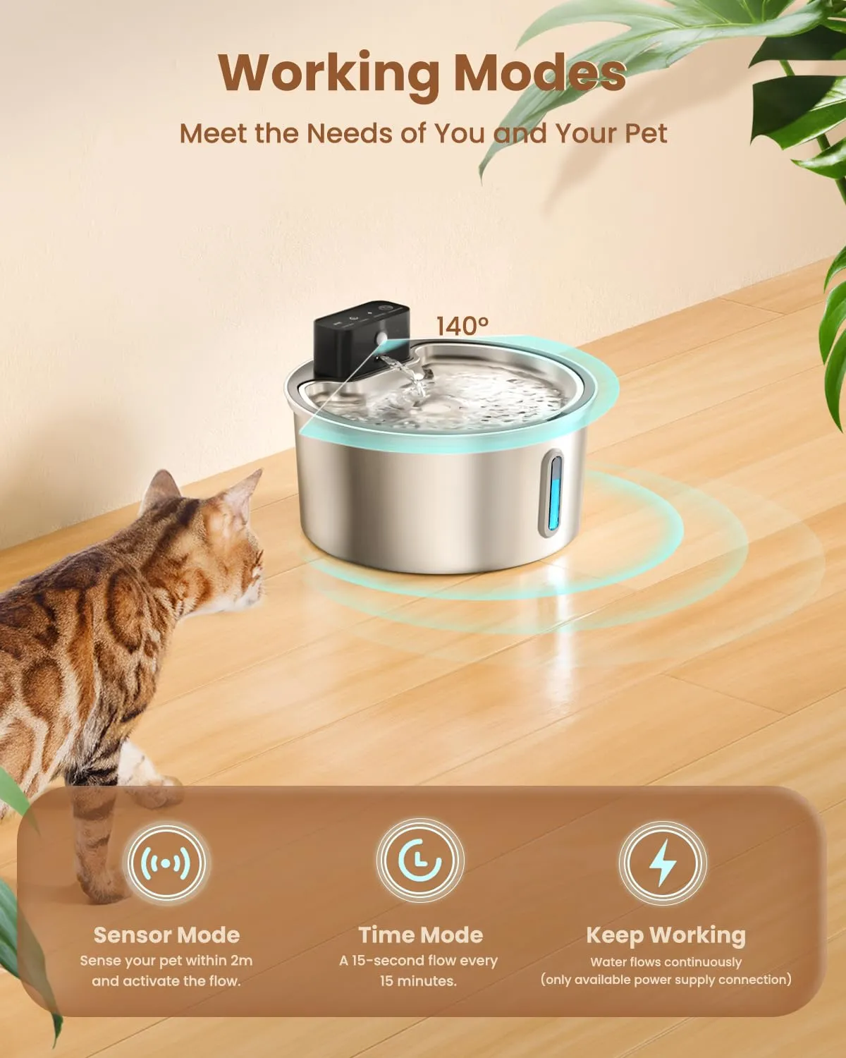 PawPoll Fontanella per Gatti senza Fili 3,2L, Batteria 4200mAh, Sensore di Movimento, Acciaio Inossidabile 304, Ricaricabile - immagine 2