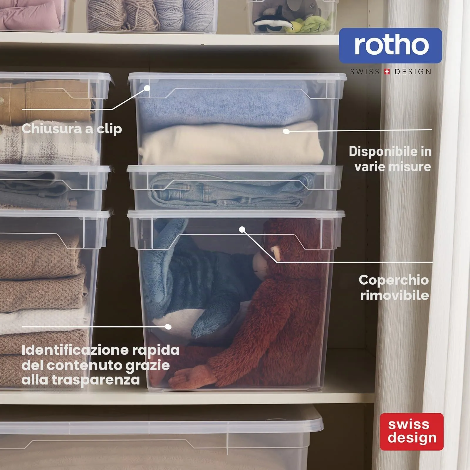 Rotho Clear Scatola Porta Oggetti con Coperchio 18 L Set da 4, Blu Trasparente - immagine 5