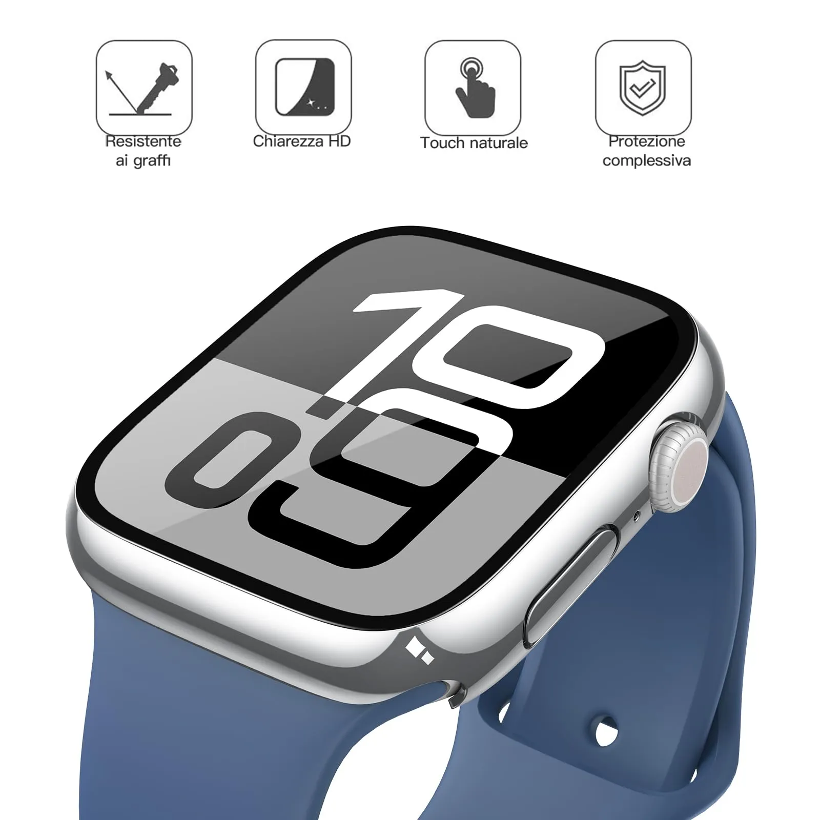 Misxi Cover Protezione con Vetro Temperato per Apple Watch Serie 11/10 46mm, 1 Argento + 1 Trasparente - immagine 3