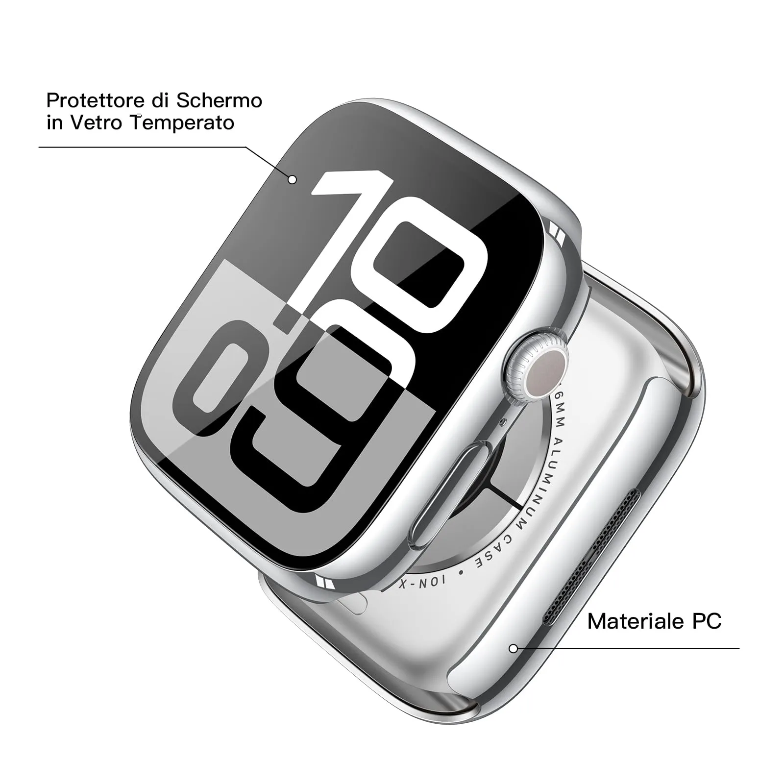 Misxi Cover Protezione con Vetro Temperato per Apple Watch Serie 11/10 46mm, 1 Argento + 1 Trasparente - immagine 4
