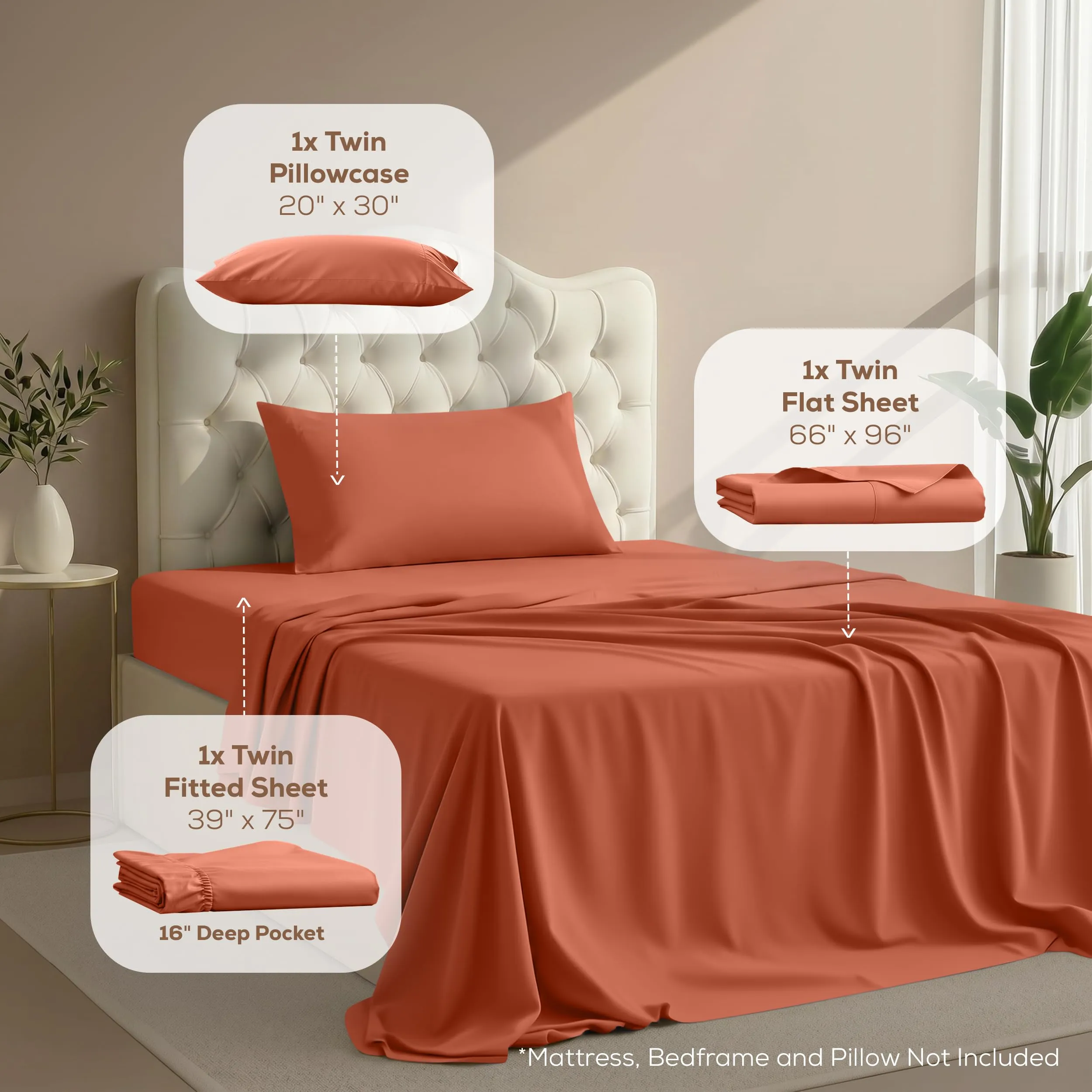 Utopia Bedding Set di lenzuola per letto singolo, 3 pezzi, microfibra, Arancione - immagine 2