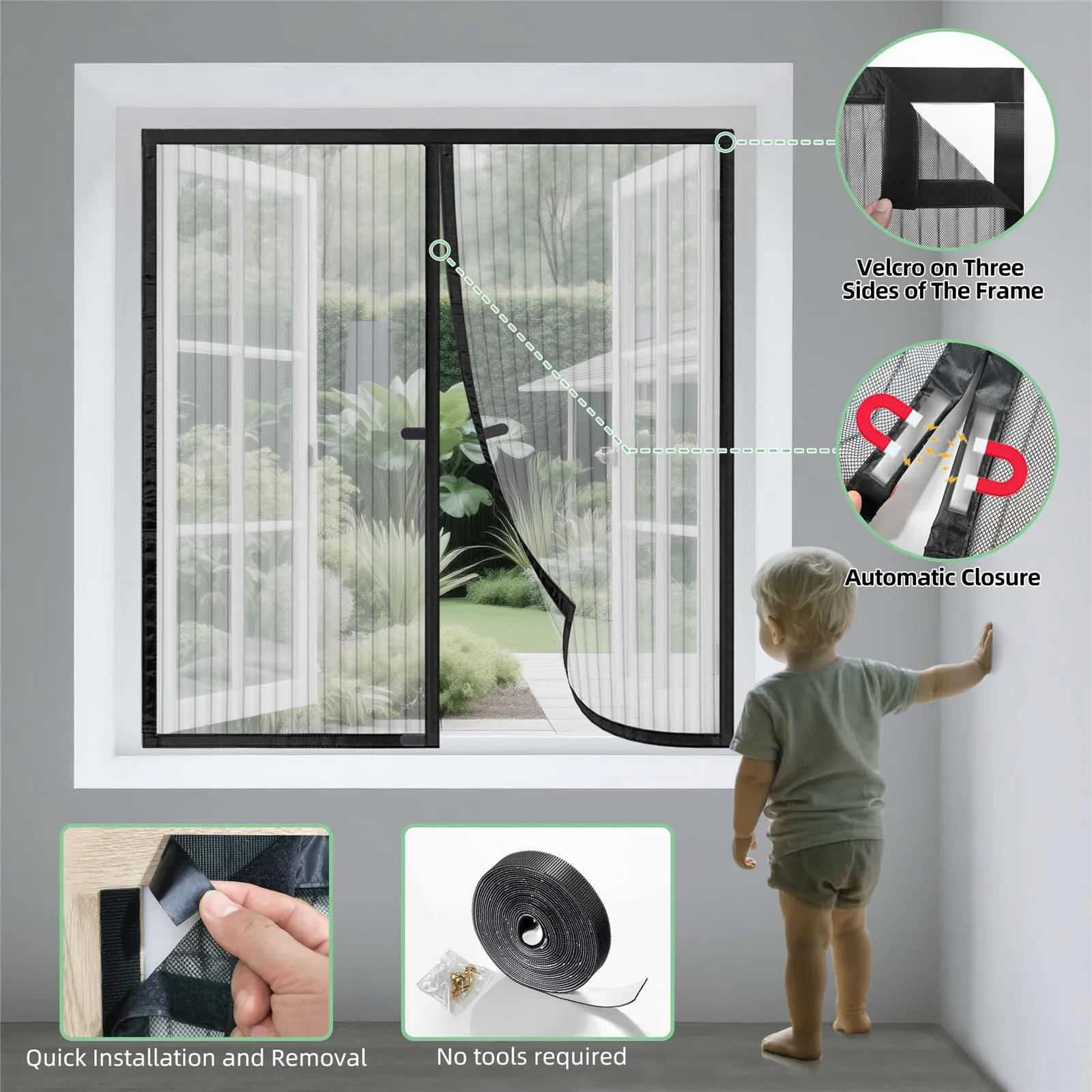 WENT Zanzariera Magnetica per Finestre 90x140 cm, Nero - immagine 3
