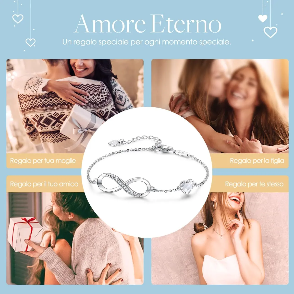 LOUISA SECRET Bracciale Donna Argento 925 Infinito e Cuore con Cristalli - immagine 6