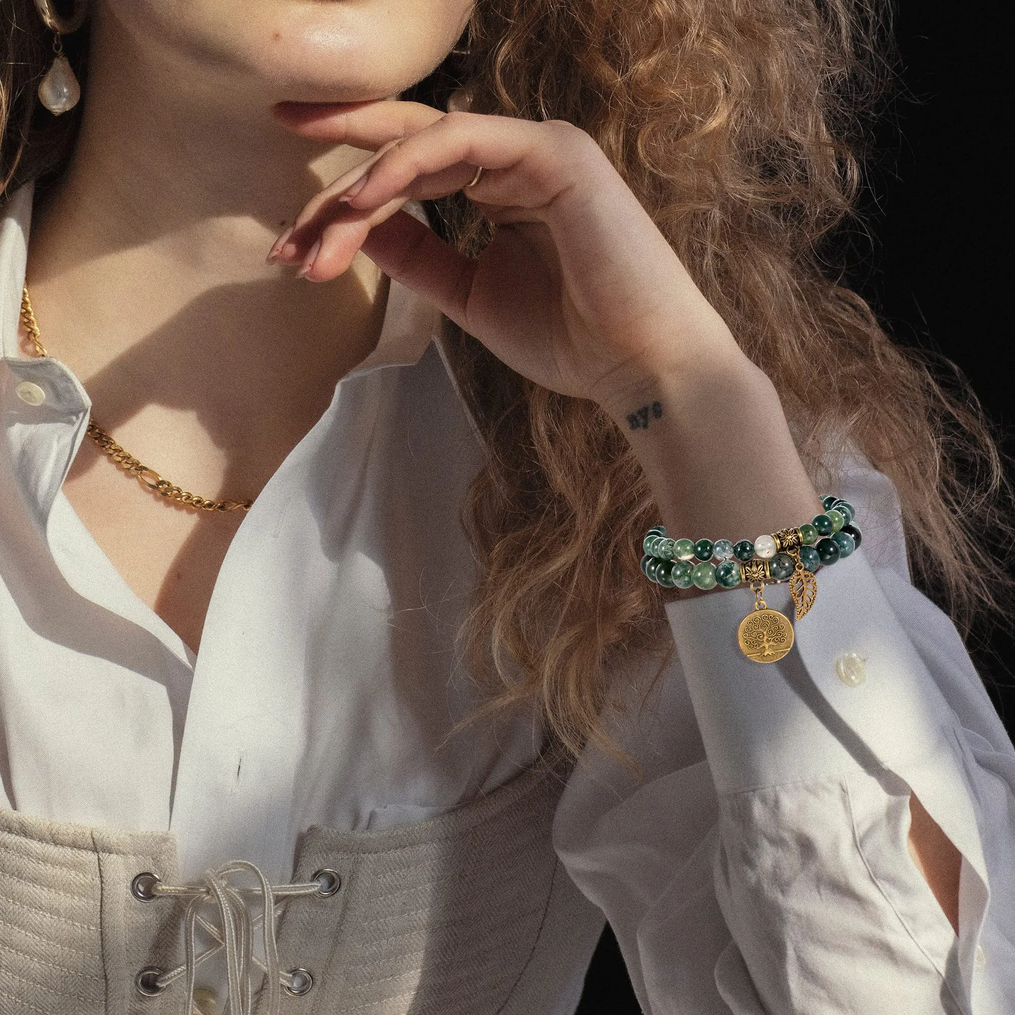 Farfume Braccialetti Chakra da Donna in Agata Muschiata con Doppia Perla - immagine 2