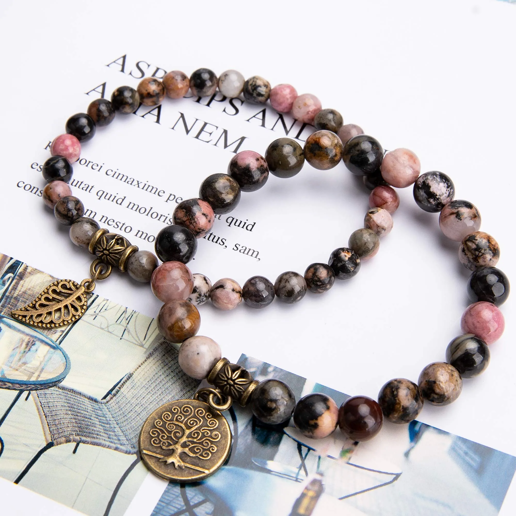 Farfume Braccialetti Chakra da Donna con Perle di Rodonite e Ciondolo Albero della Vita - immagine 4