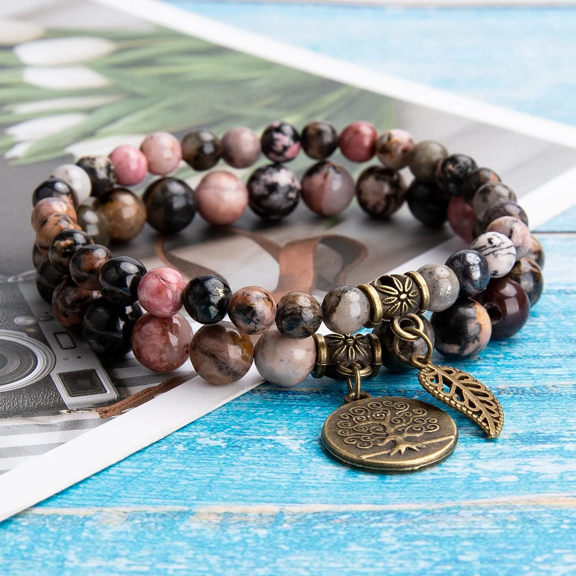 Farfume Braccialetti Chakra da Donna con Perle di Rodonite e Ciondolo Albero della Vita - immagine 5