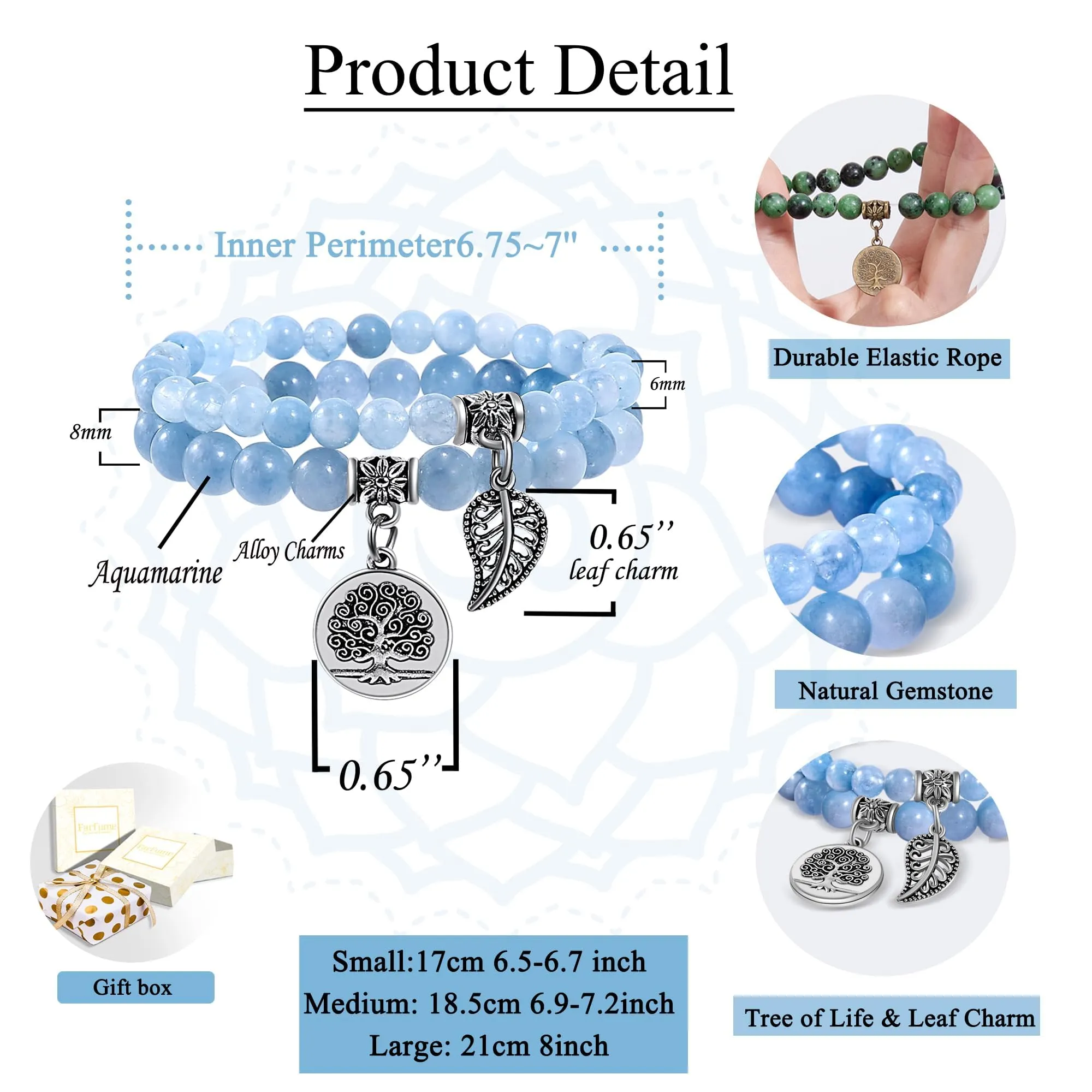 Farfume Braccialetti Chakra da donna con pietre naturali e doppia perla, Acquamarina - immagine 2
