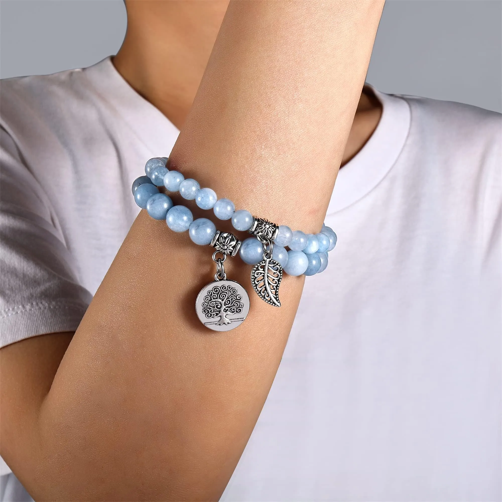 Farfume Braccialetti Chakra da donna con pietre naturali e doppia perla, Acquamarina - immagine 3
