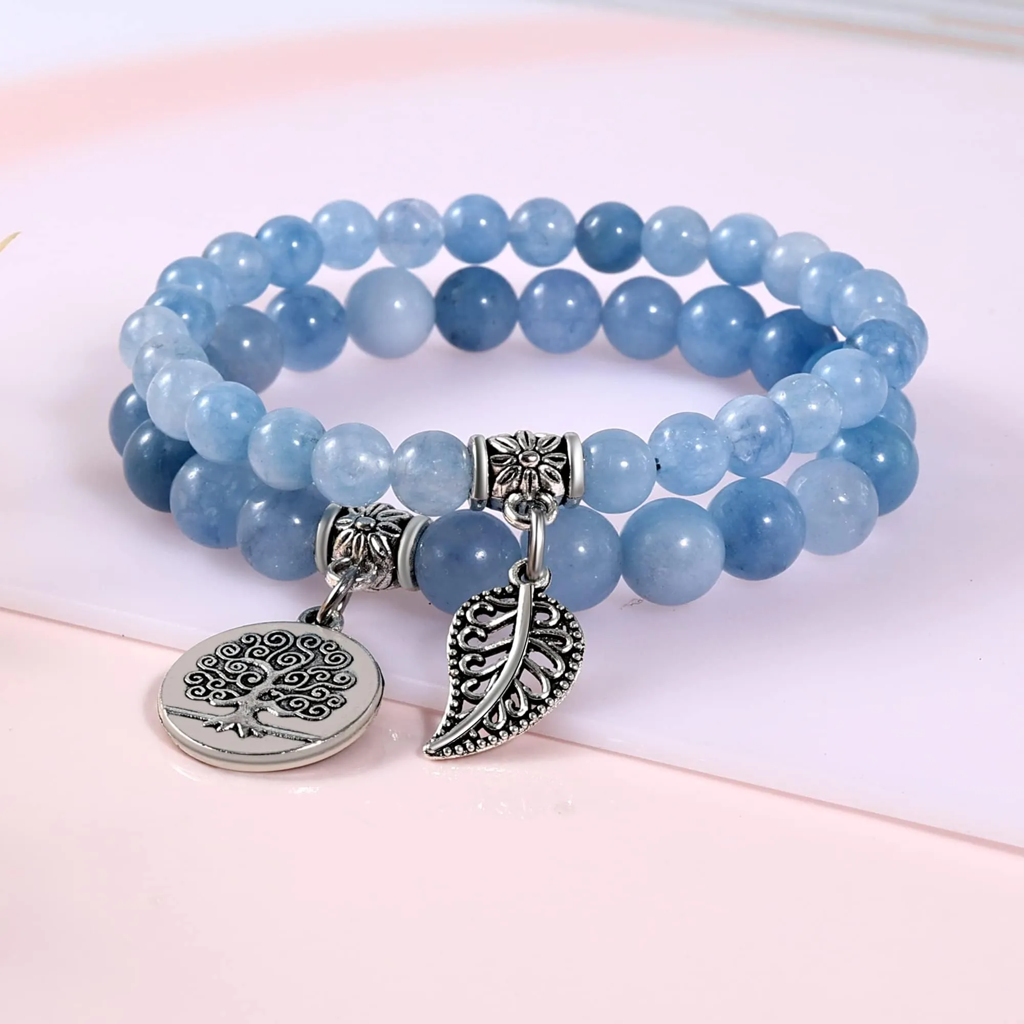 Farfume Braccialetti Chakra da donna con pietre naturali e doppia perla, Acquamarina - immagine 4