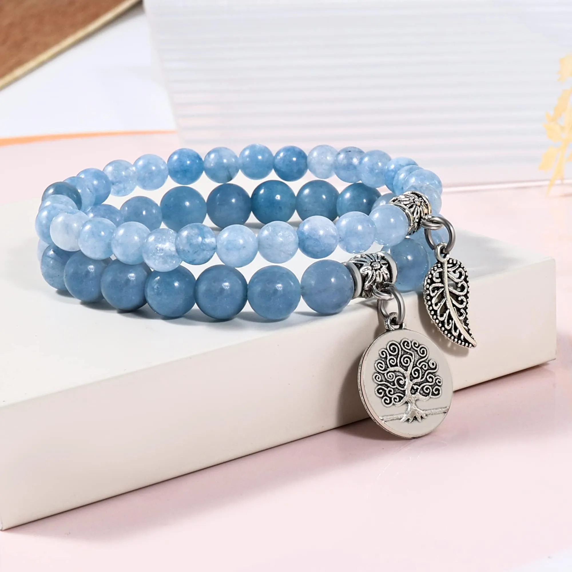 Farfume Braccialetti Chakra da donna con pietre naturali e doppia perla, Acquamarina - immagine 5