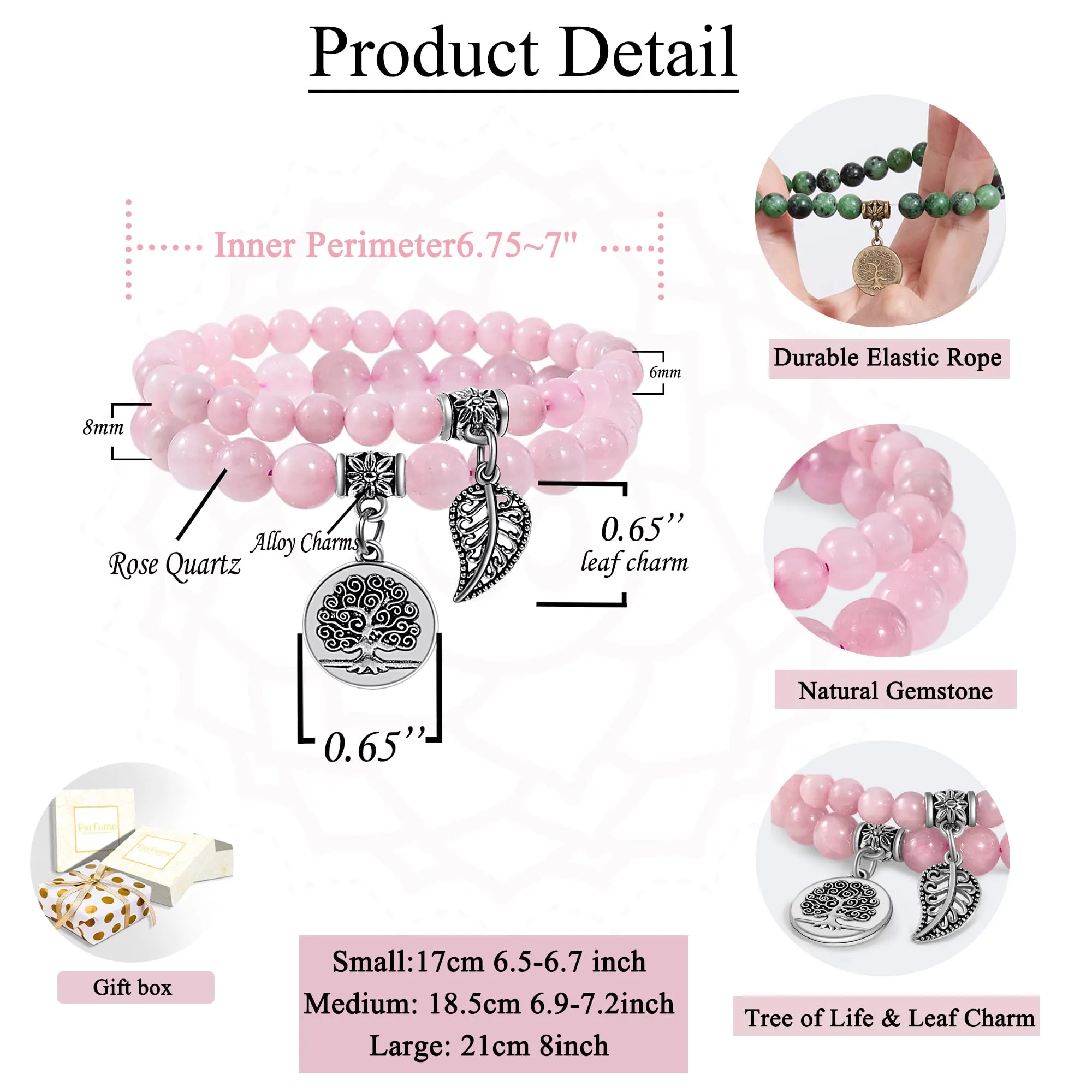 Farfume Braccialetti Chakra da donna con pietre naturali Quarzo Rosa e perle - immagine 3