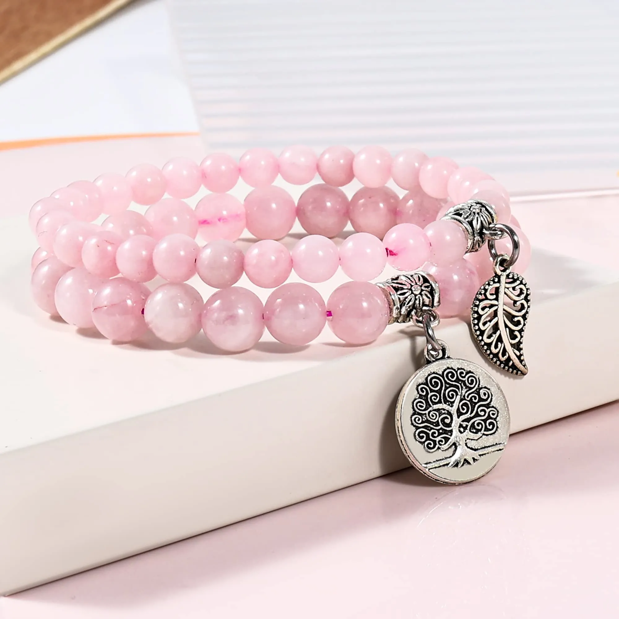Farfume Braccialetti Chakra da donna con pietre naturali Quarzo Rosa e perle - immagine 4