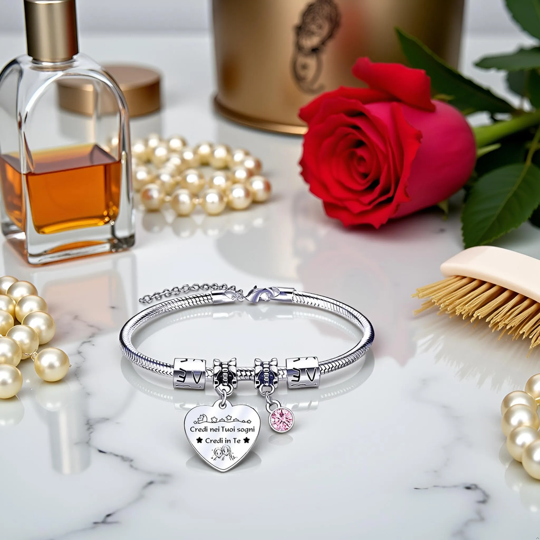 QTQTLP Bracciale Amicizia in Acciaio Inossidabile con Cristallo Rosa per Donna - immagine 4
