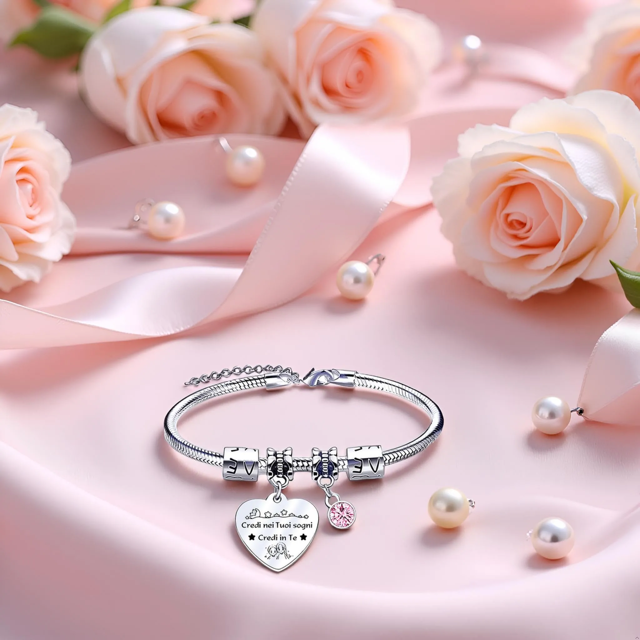 QTQTLP Bracciale Amicizia in Acciaio Inossidabile con Cristallo Rosa per Donna - immagine 5