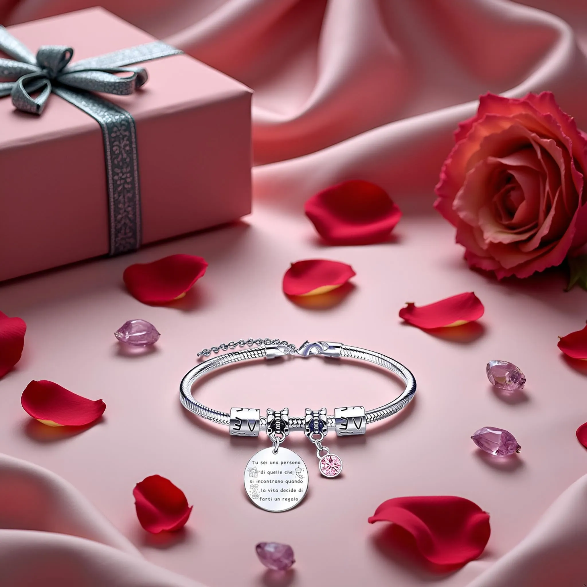 QTQTLP Bracciale Amicizia per Donna e Ragazza in Acciaio Inossidabile con Cristallo Rosa (10) - immagine 4
