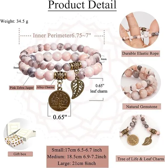 Farfume Braccialetti Chakra da donna con cristalli di pietre naturali, Jasper Zebra Rosa, set con doppia perla - immagine 2