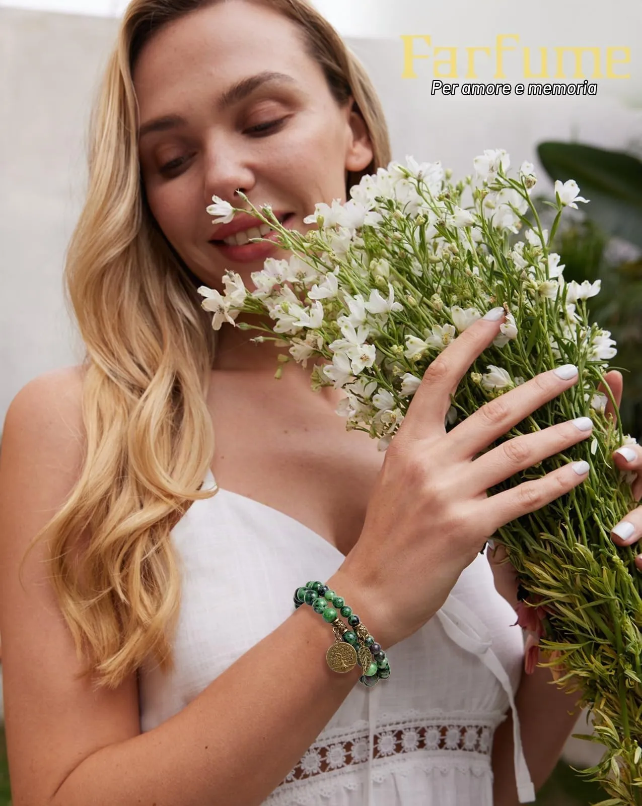 Farfume Braccialetti Chakra da donna con pietre naturali in Epidoto e perle, 21cm - immagine 3