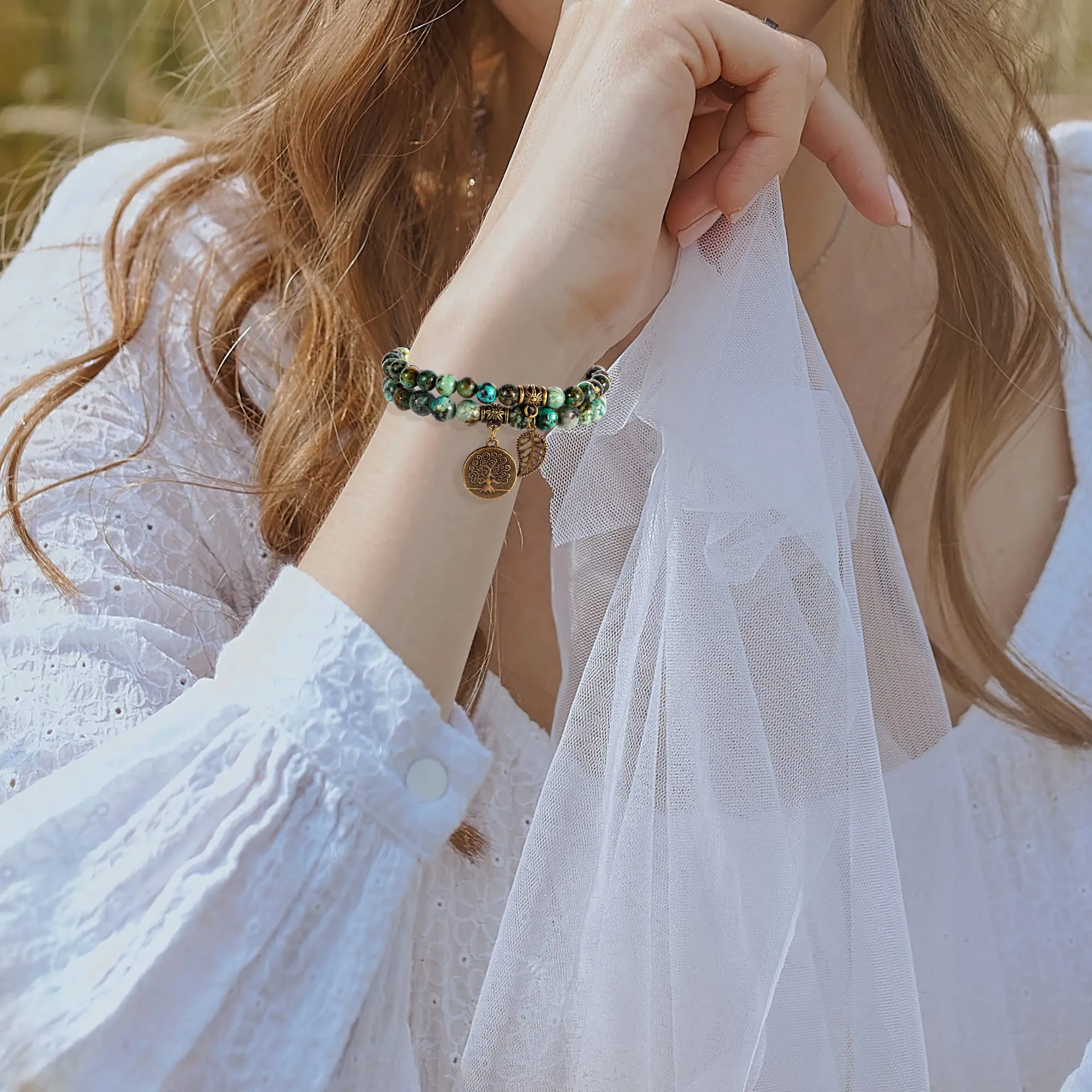 Farfume Braccialetti Chakra da donna con Perle di Turchese Africano e Albero della Vita - immagine 2