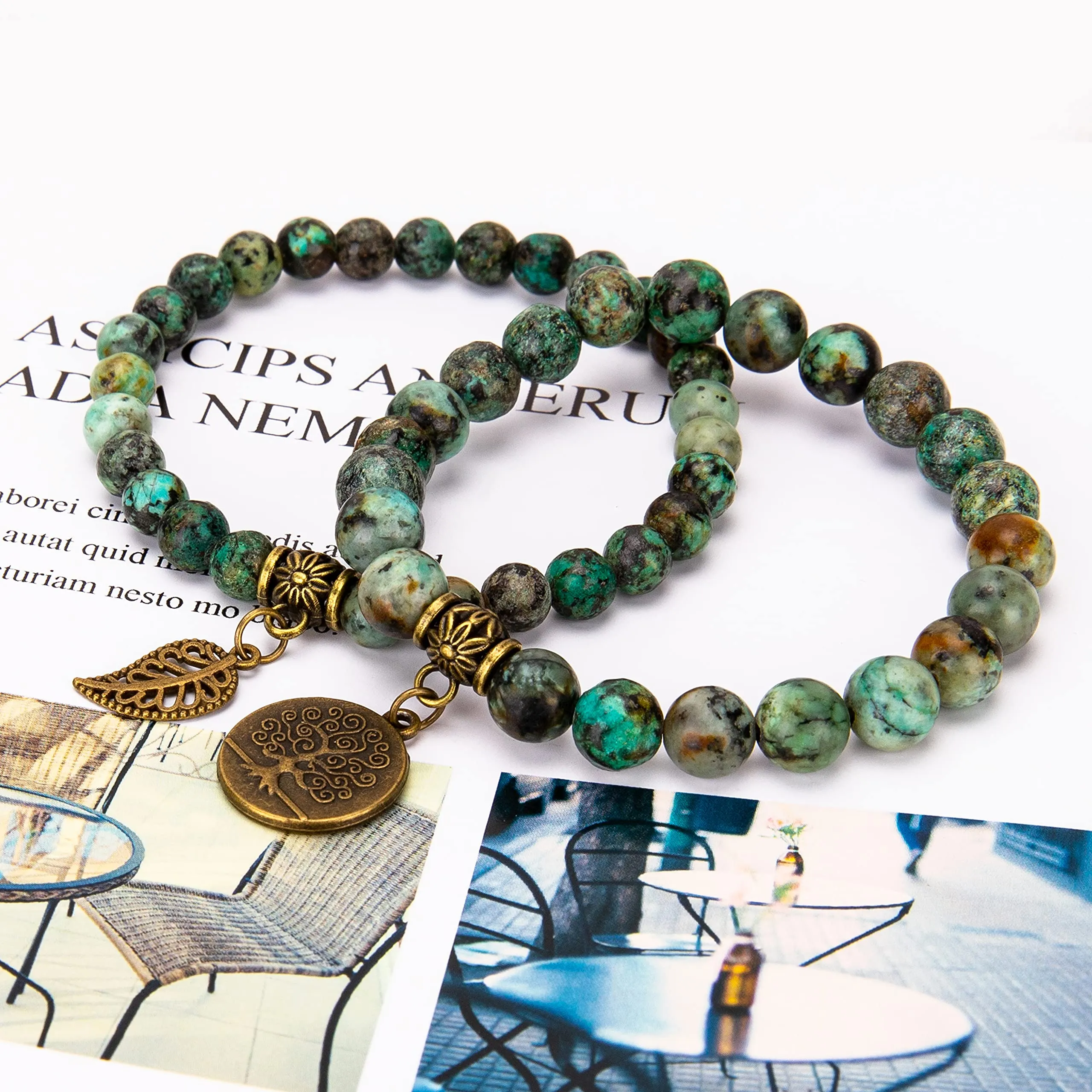 Farfume Braccialetti Chakra da donna con Perle di Turchese Africano e Albero della Vita - immagine 5