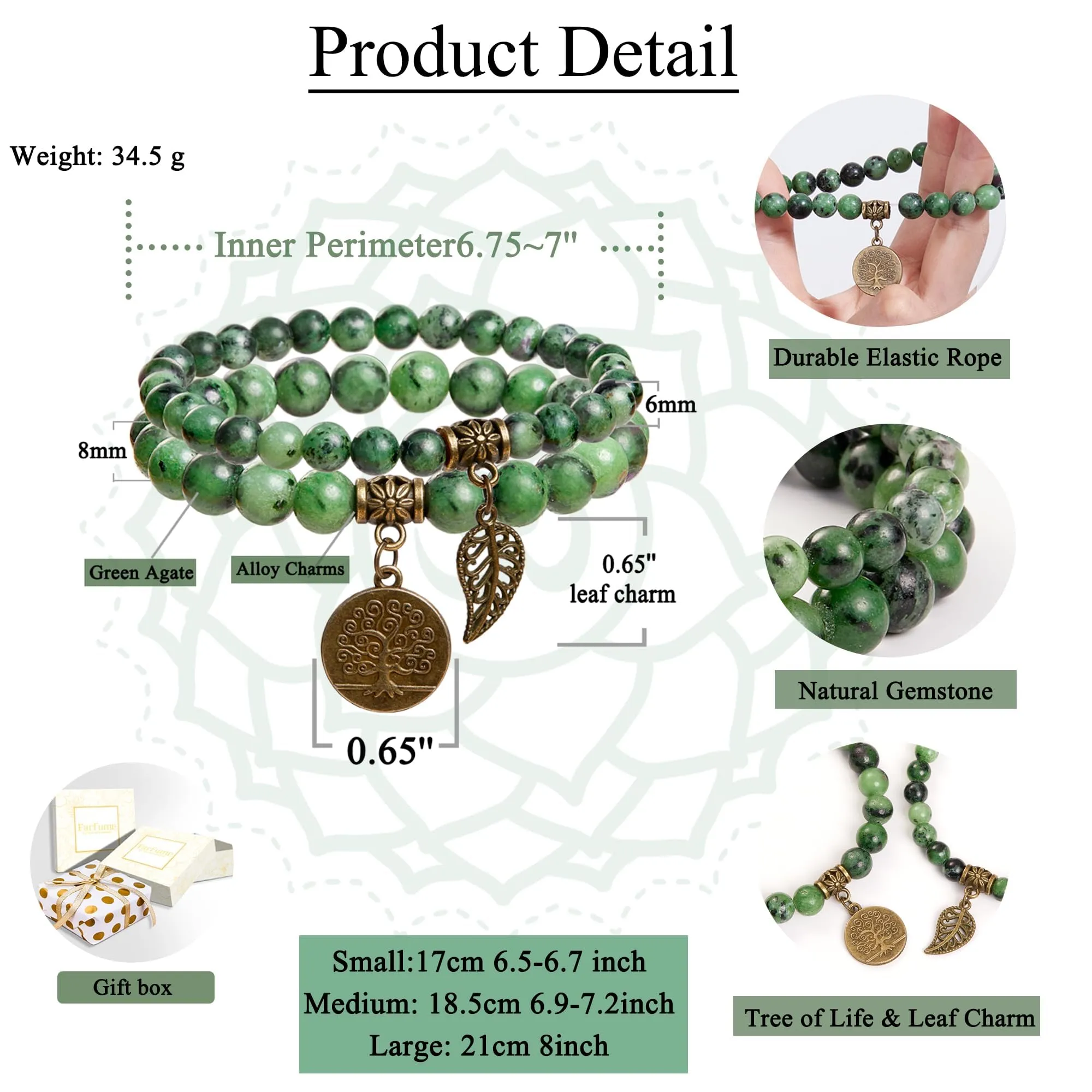 Farfume Braccialetti Chakra da donna con pietre naturali in Epidoto e ciondolo Albero della Vita, set con doppia perla - immagine 2