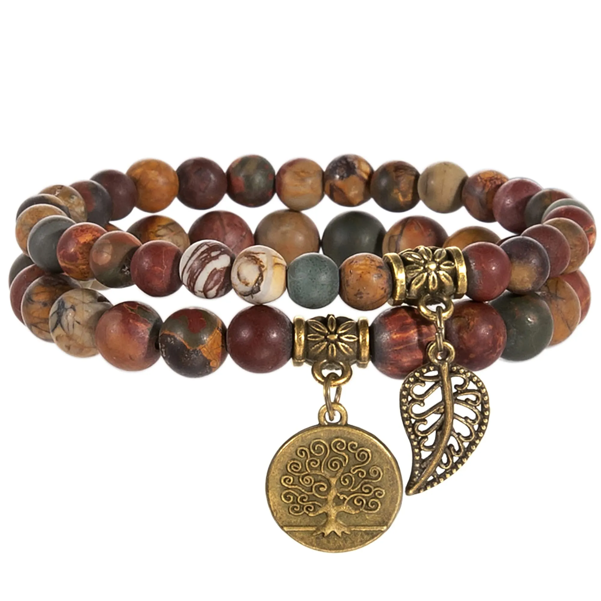 Farfume Braccialetti Chakra da donna con pietre naturali Diaspro Picasso multicolore, set con doppia perla - immagine 1