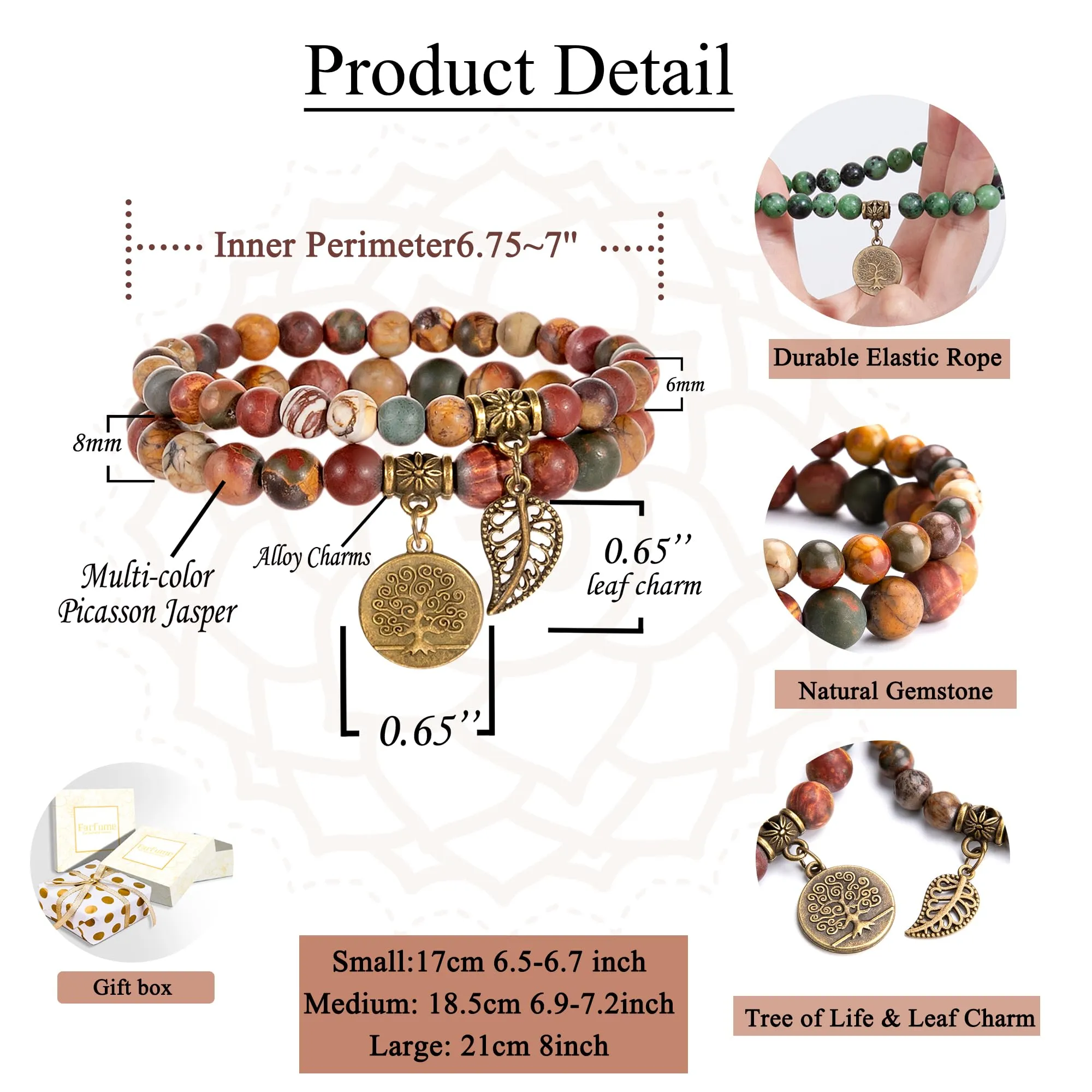 Farfume Braccialetti Chakra da donna con pietre naturali Diaspro Picasso multicolore, set con doppia perla - immagine 2