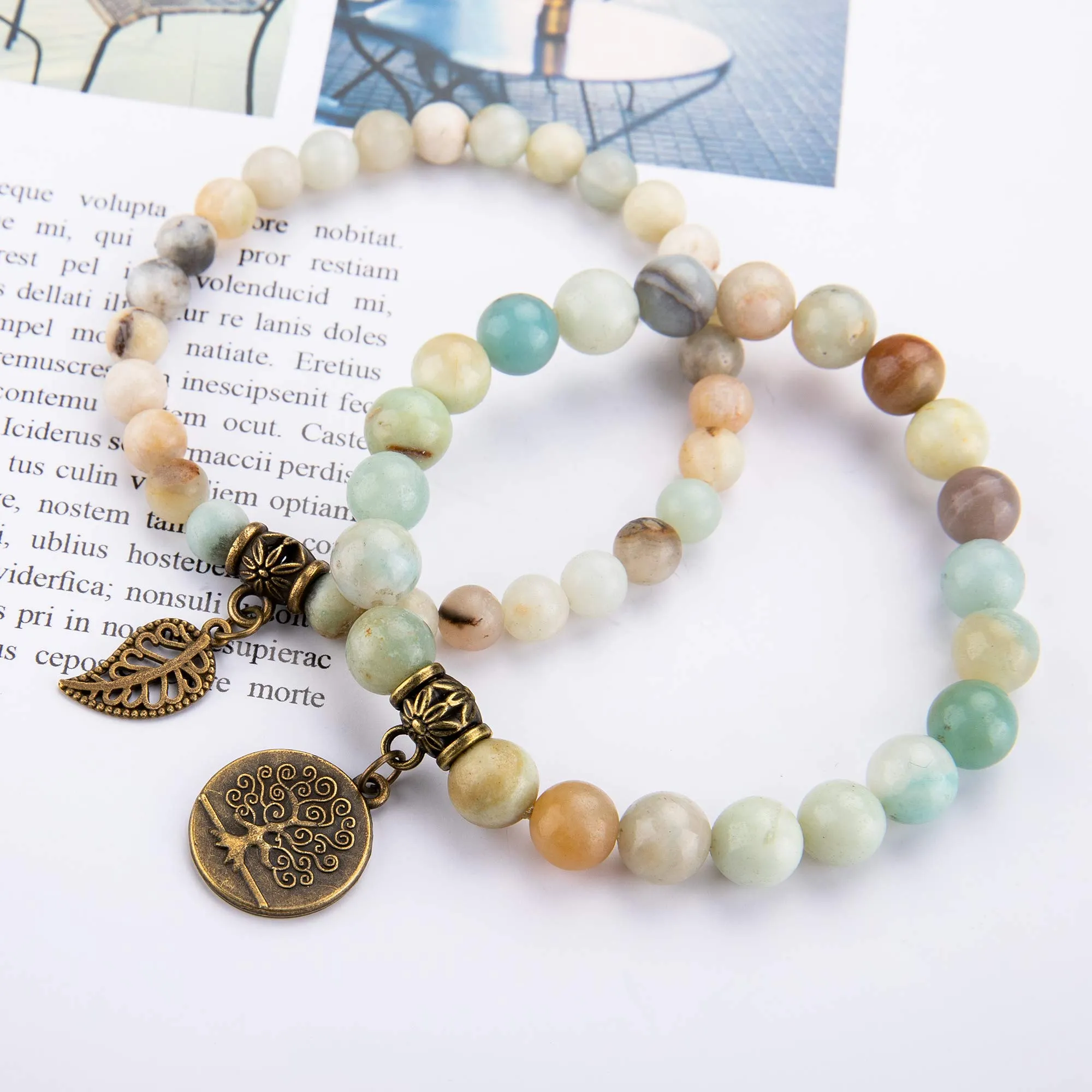 Farfume Braccialetti Chakra da donna con perle di Amazonite e ciondolo Albero della Vita, 17cm - immagine 5