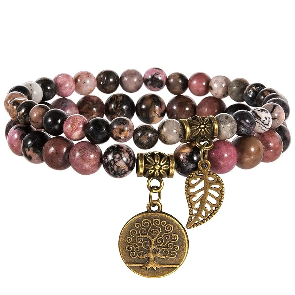 Farfume Braccialetti Chakra da Donna con Perle di Rodonite e Ciondolo Albero della Vita, 21cm - immagine 1