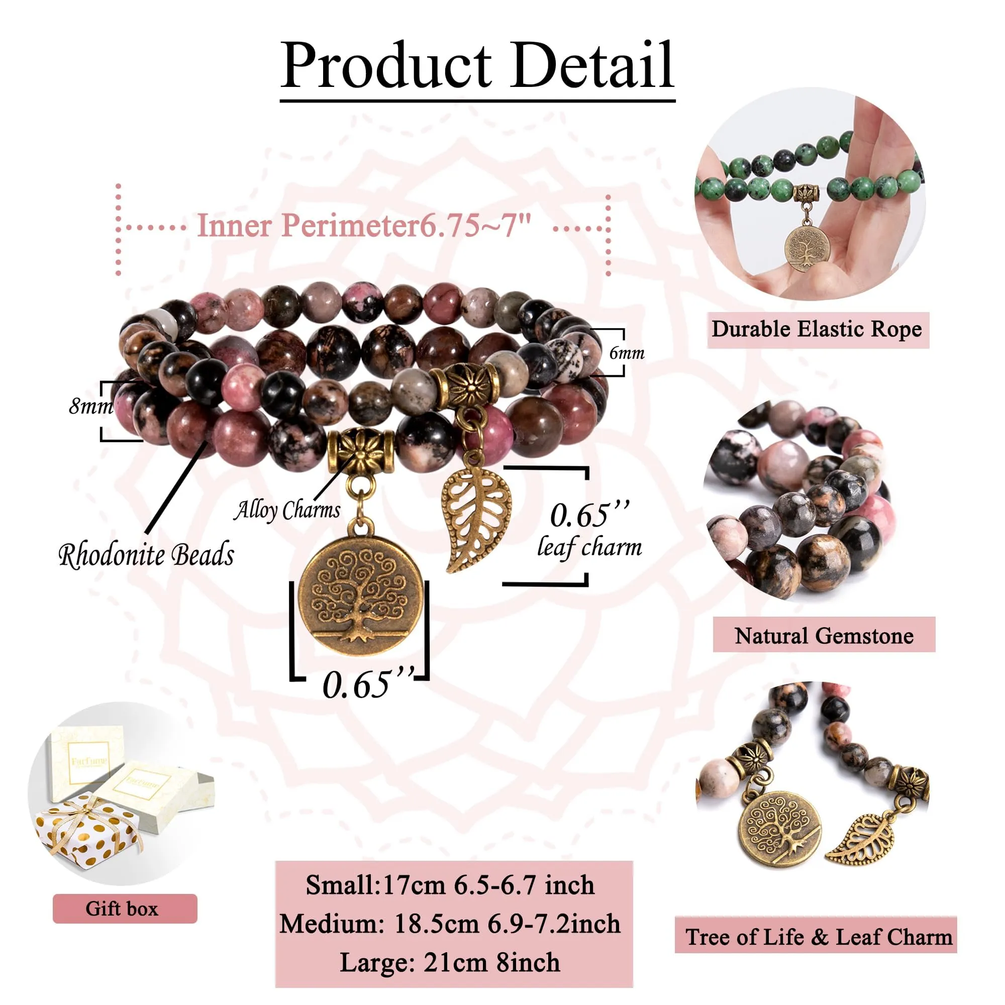 Farfume Braccialetti Chakra da Donna con Perle di Rodonite e Ciondolo Albero della Vita, 21cm - immagine 3