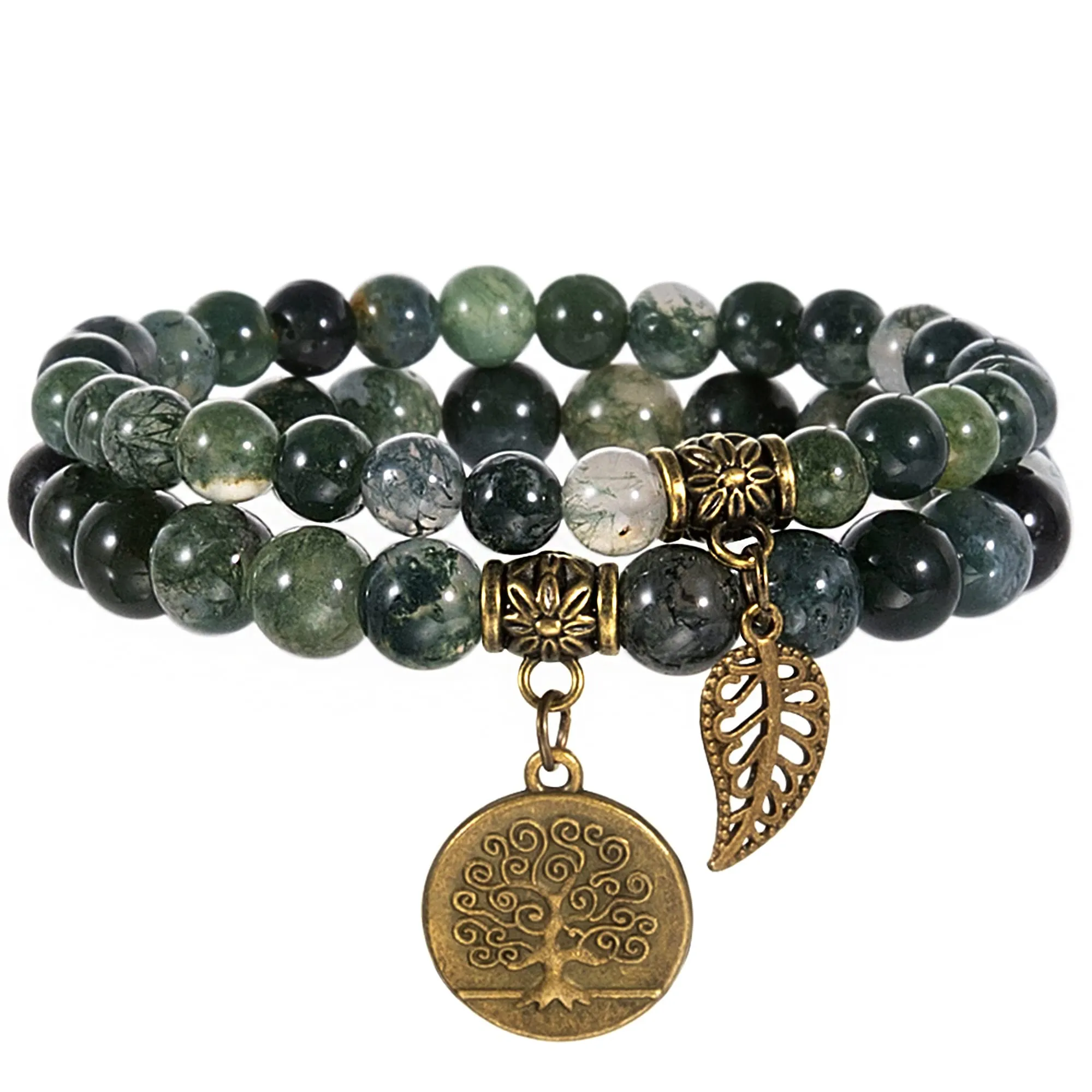 Farfume Braccialetti Chakra da donna con Agata Muschiata e perle, Set di bracciali con pietre naturali e ciondolo Albero della Vita, 21cm - immagine 1