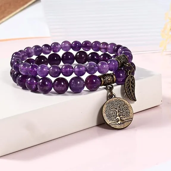 Farfume Braccialetti Chakra da donna con pietre naturali e doppia perla, Ametista - immagine 3