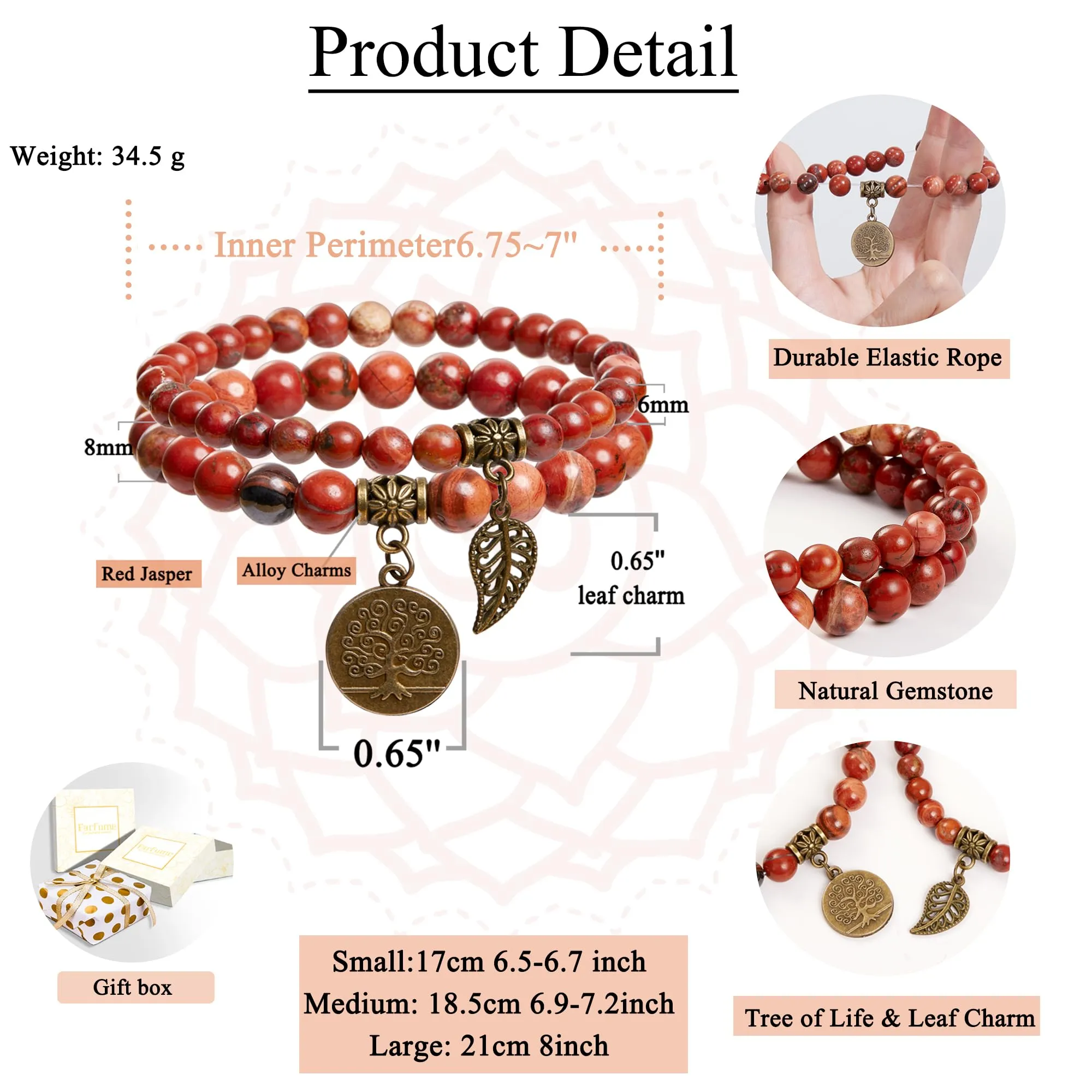 Farfume Braccialetti Chakra da donna con pietre preziose naturali e perle (Agata rossa) - immagine 3