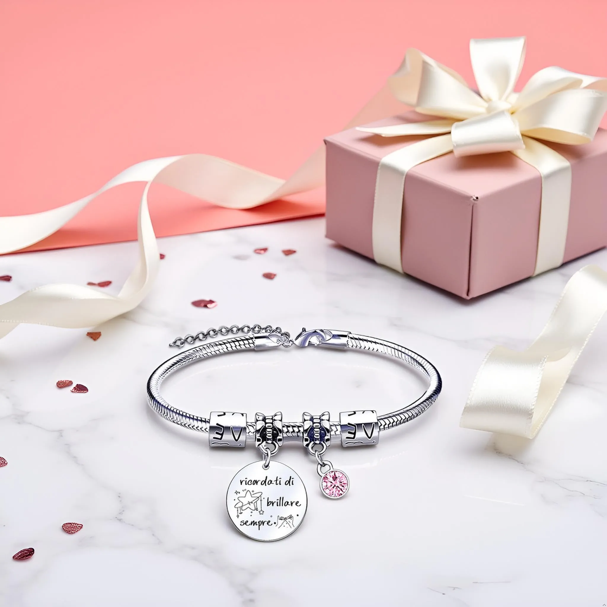 QTQTLP Bracciale Amicizia per Donna e Ragazza in Acciaio Inossidabile con Cristallo Rosa - immagine 5