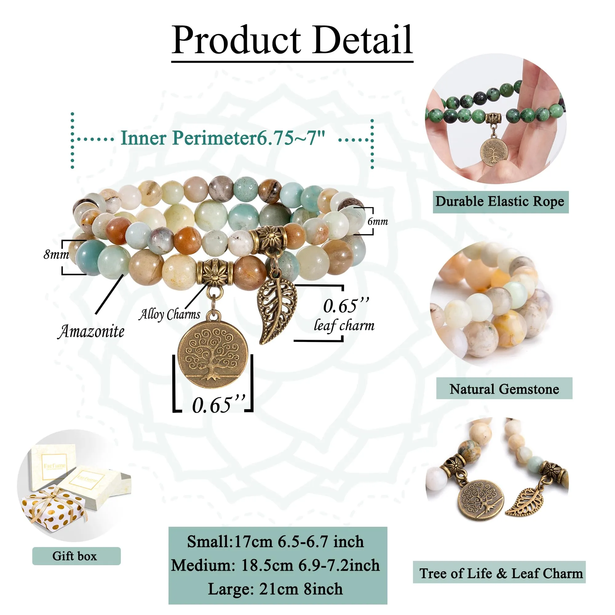 Farfume Braccialetti Chakra da donna con perle di Amazonite e ciondolo Albero della Vita - immagine 3