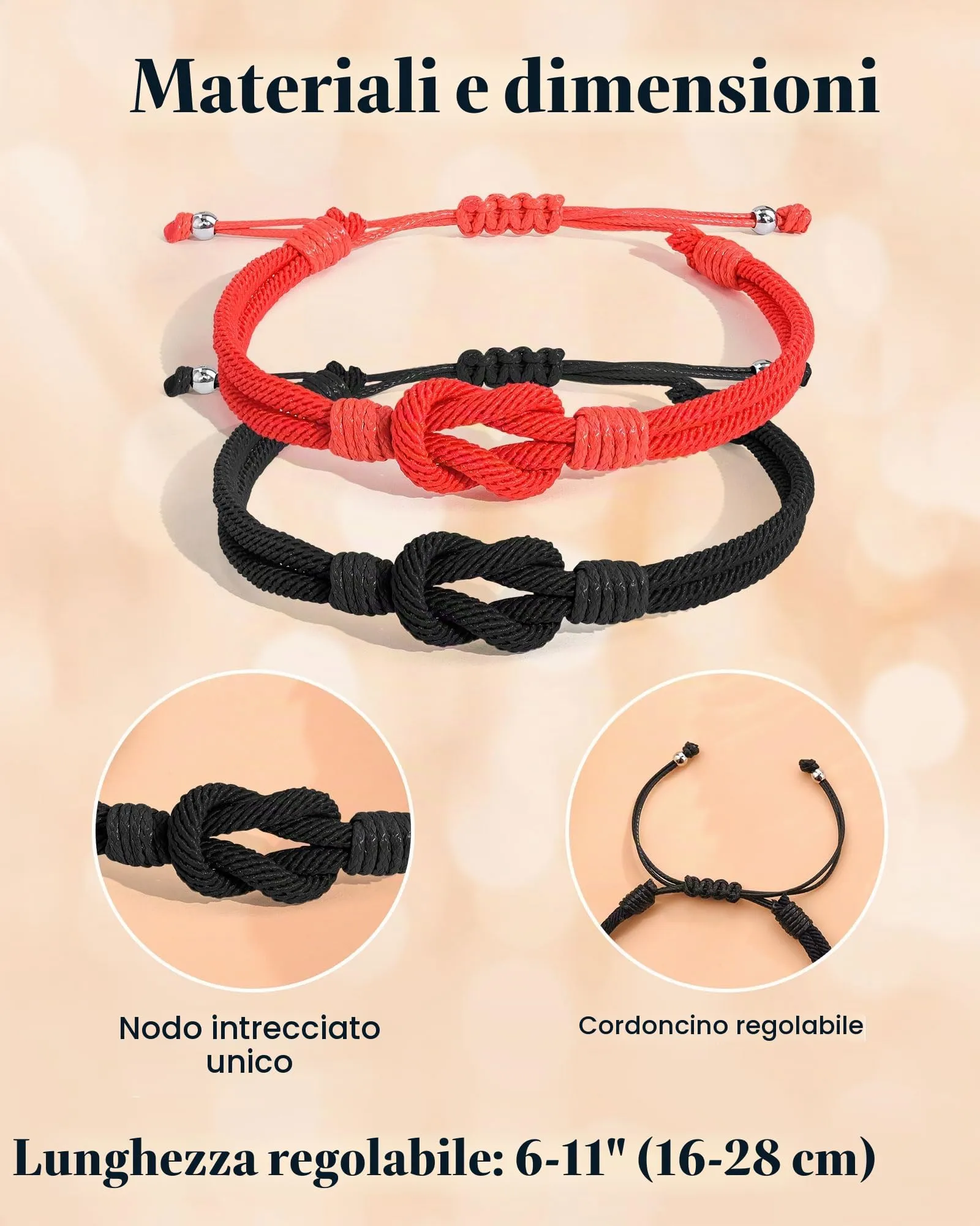 VGWON Bracciali Coppia e Amicizia in Corda Intrecciata, 16-28 cm, Rosso e Nero - immagine 2