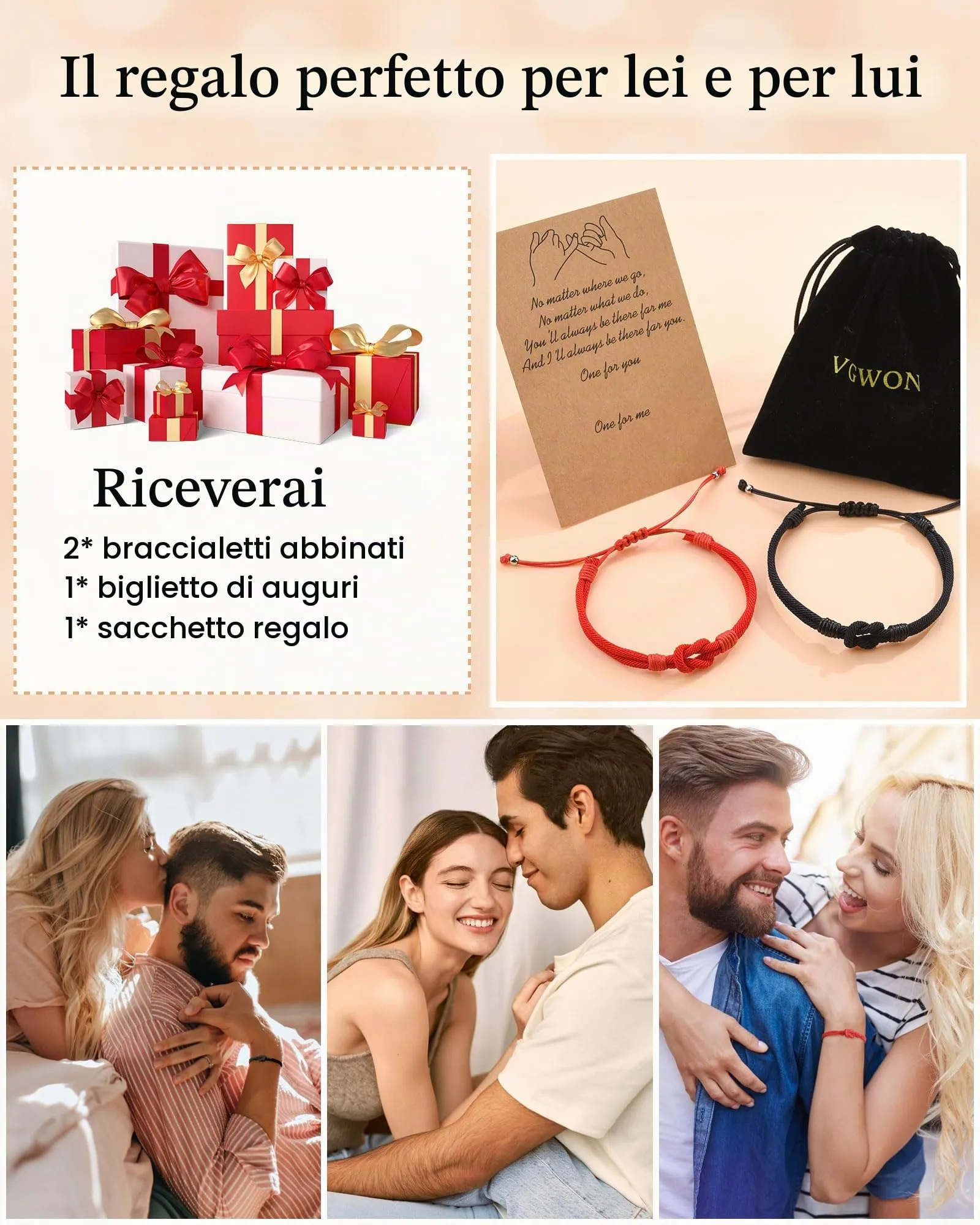 VGWON Bracciali Coppia e Amicizia in Corda Intrecciata, 16-28 cm, Rosso e Nero - immagine 5
