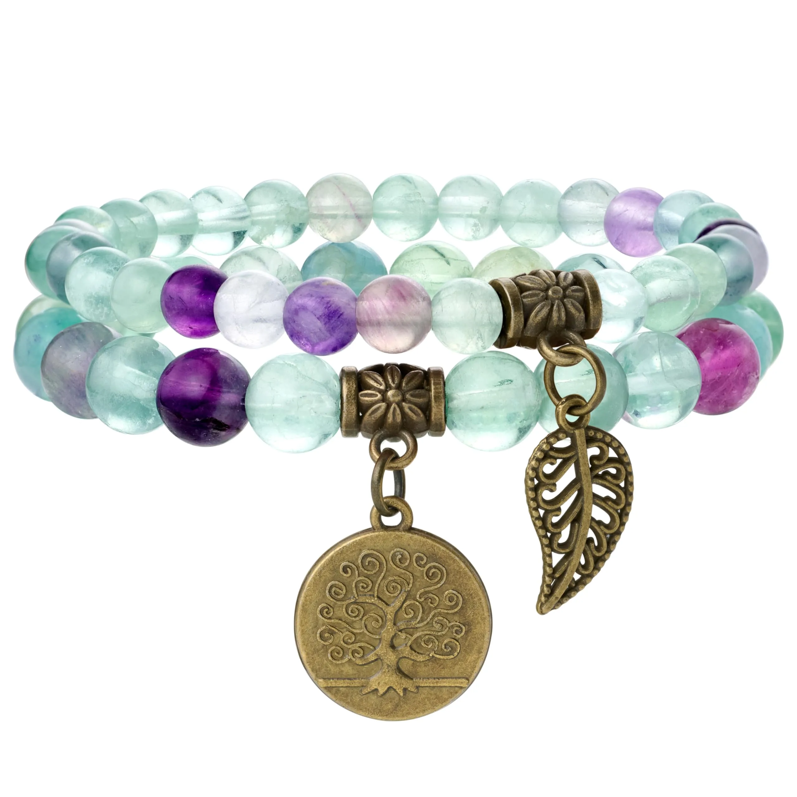 Farfume Bracciali Chakra in Fluorite Arcobaleno e Life Tree per Donna, Set Doppio, 18.5cm - immagine 1