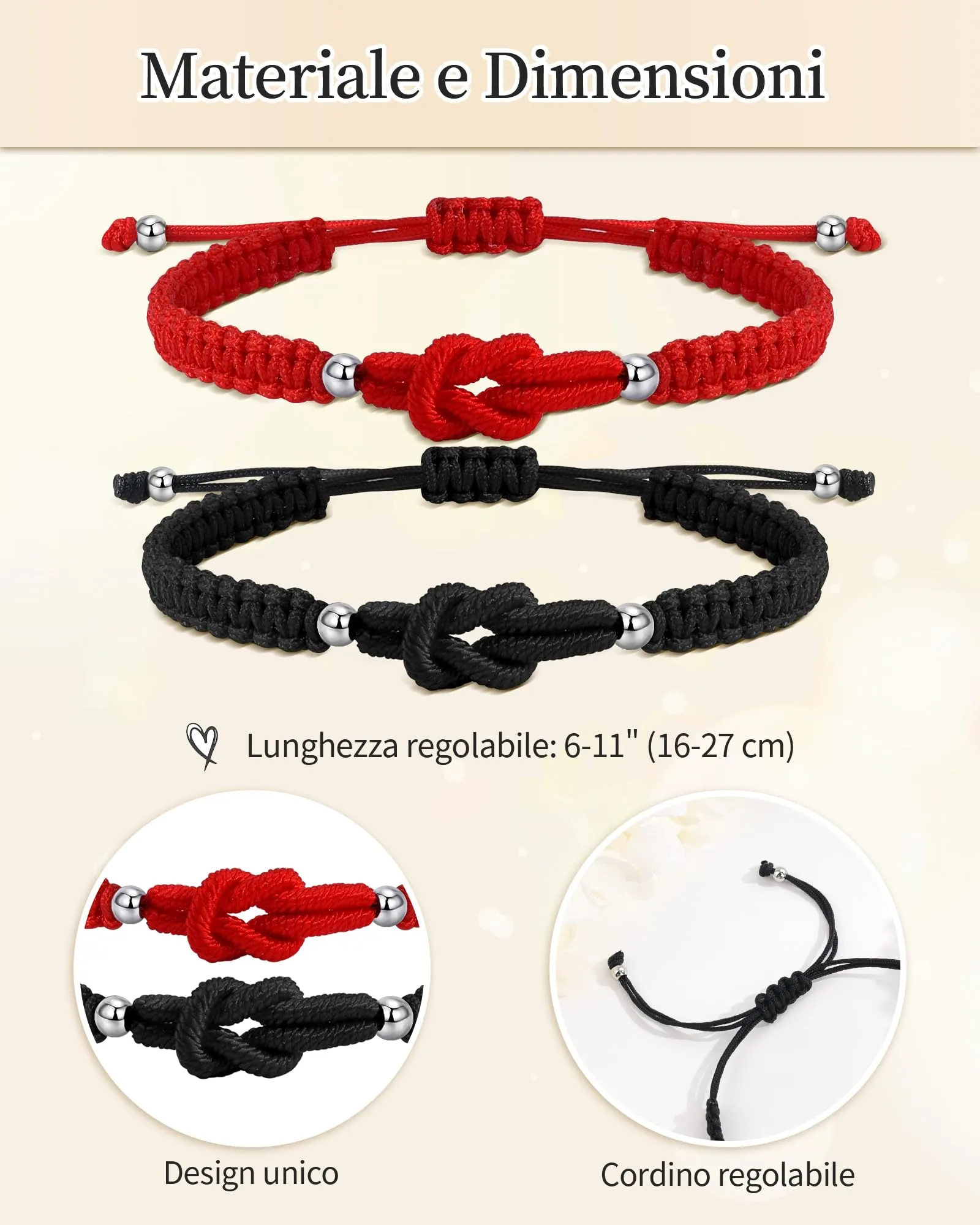 VGWON Bracciali Coppia e Amicizia in Corda Intrecciata, Rosso e Nero, 16-27 cm - immagine 2