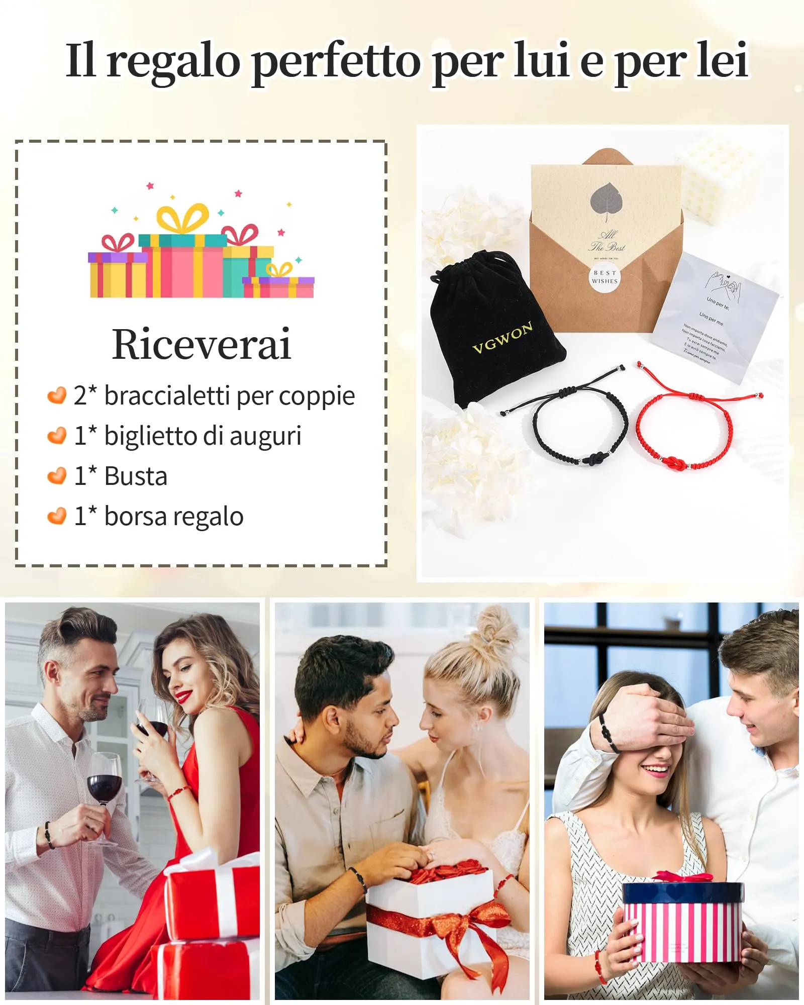 VGWON Bracciali Coppia e Amicizia in Corda Intrecciata, Rosso e Nero, 16-27 cm - immagine 5