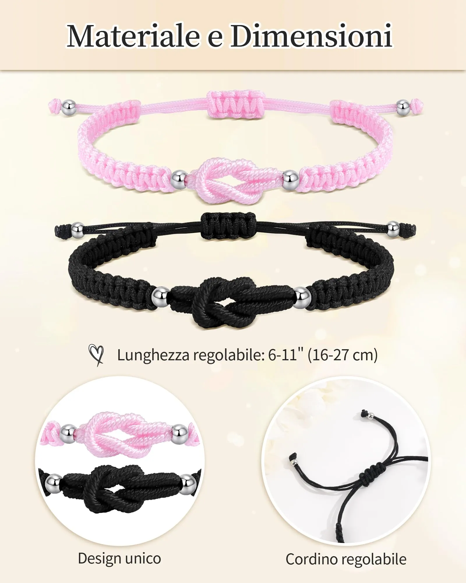 VGWON Bracciali Coppia e Amicizia in Corda Intrecciata Rosa e Nero - immagine 2