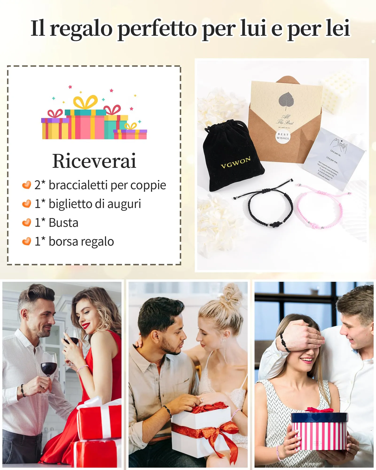 VGWON Bracciali Coppia e Amicizia in Corda Intrecciata Rosa e Nero - immagine 5