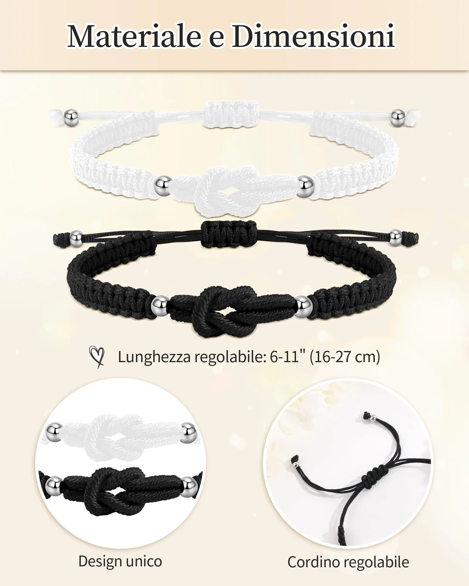 VGWON Bracciali Coppia e Amicizia, Corda Intrecciata a Mano, Bianco e Nero, 16-27 cm - immagine 2