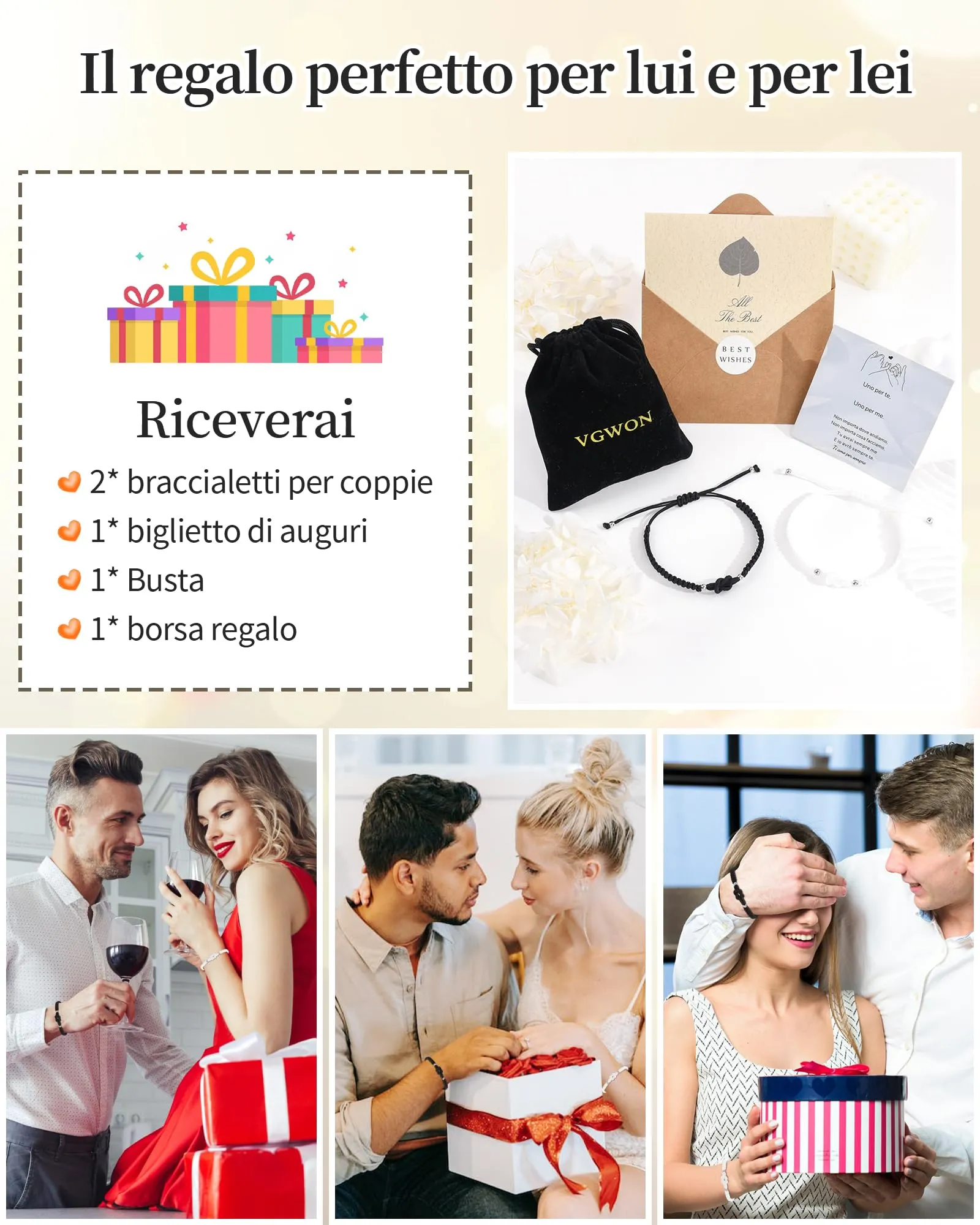 VGWON Bracciali Coppia e Amicizia, Corda Intrecciata a Mano, Bianco e Nero, 16-27 cm - immagine 5