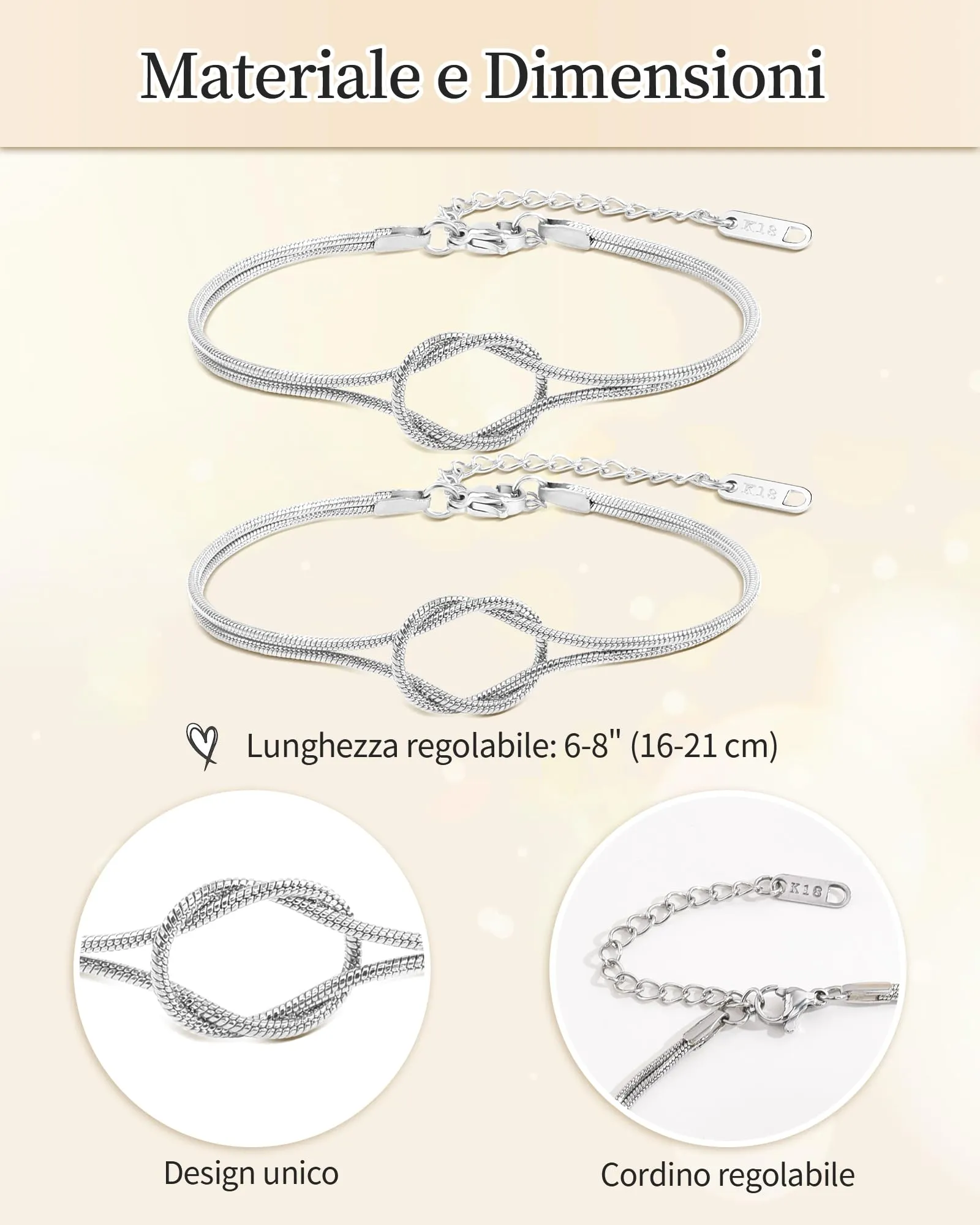 VGWON Bracciali per Coppia in Acciaio Inossidabile, Argento, 16-21 cm - immagine 2