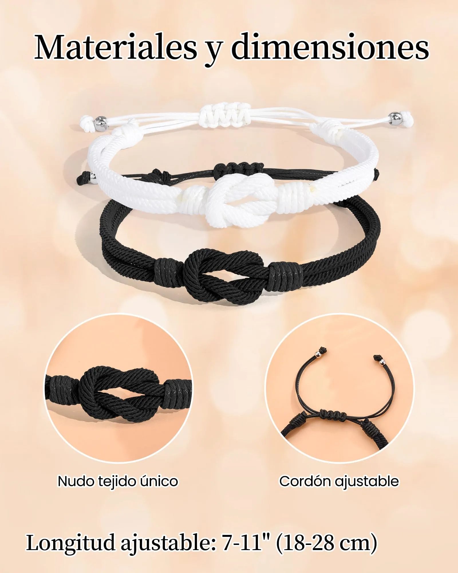 VGWON Bracciali Coppia e Amicizia, Corda Intrecciata a Mano, Nero e Bianco, 18-28 cm - immagine 2
