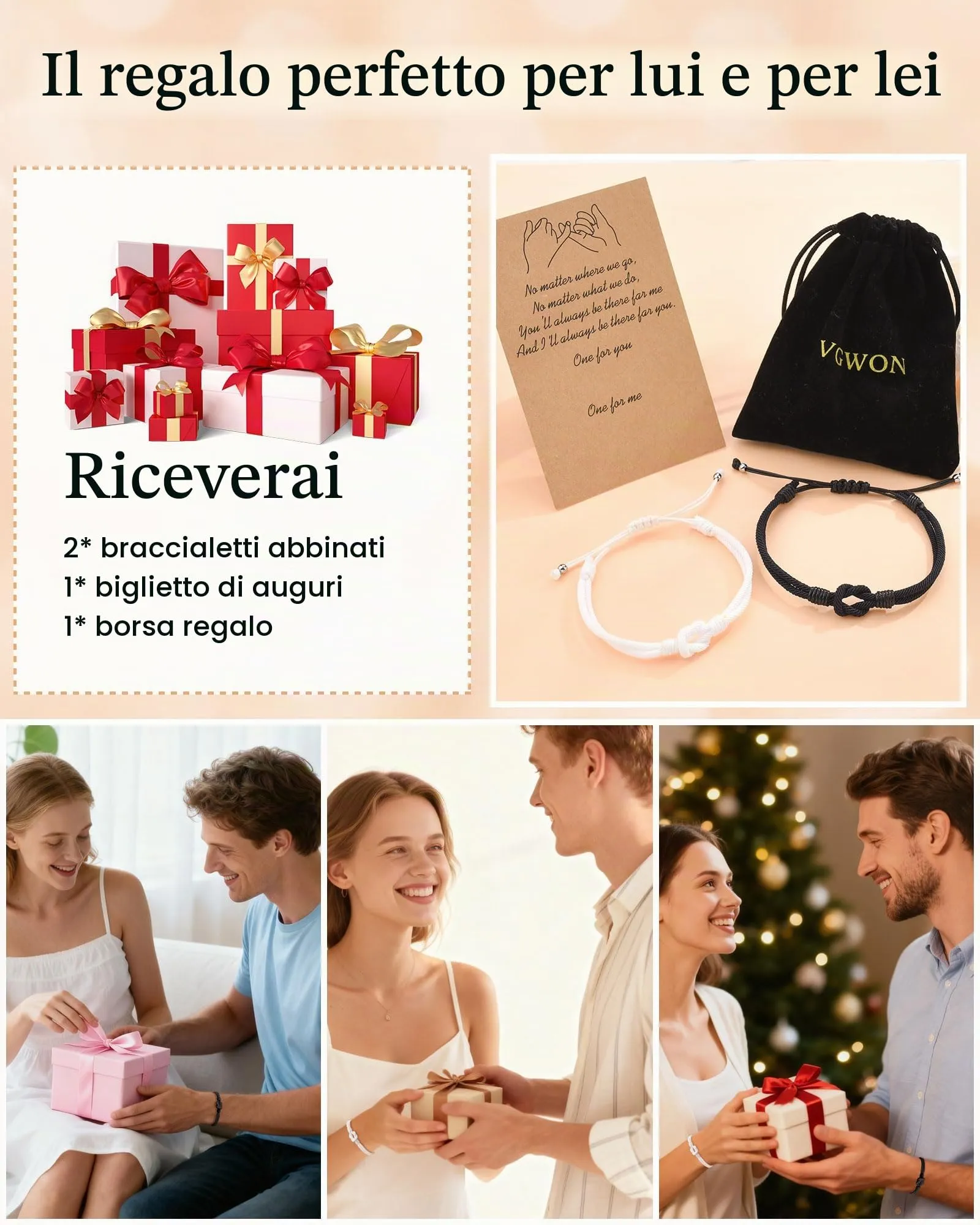 VGWON Bracciali Coppia e Amicizia, Corda Intrecciata a Mano, Nero e Bianco, 18-28 cm - immagine 5
