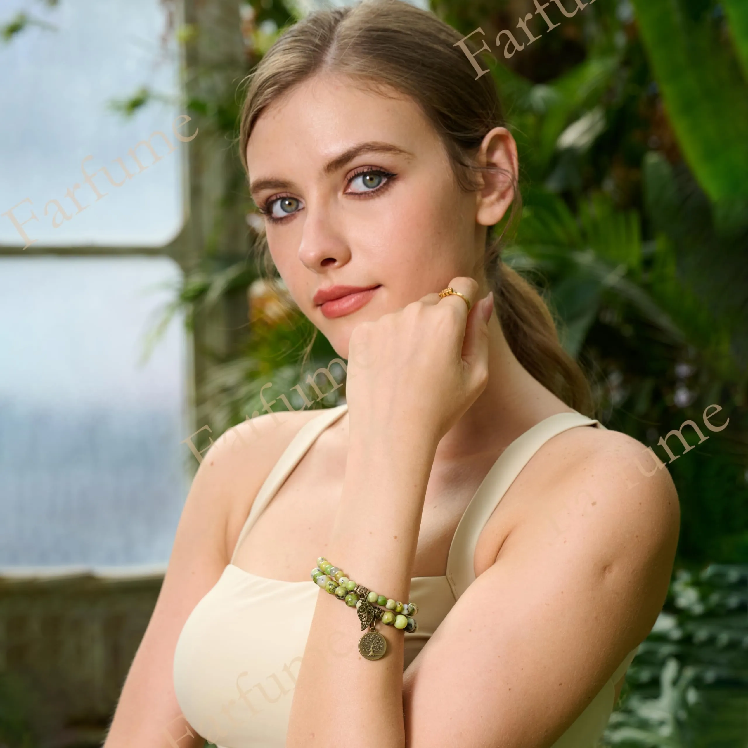 Farfume Bracciali Chakra per Donne in Pietre Naturali Serpentino e Albero della Vita, 18.5cm - immagine 3